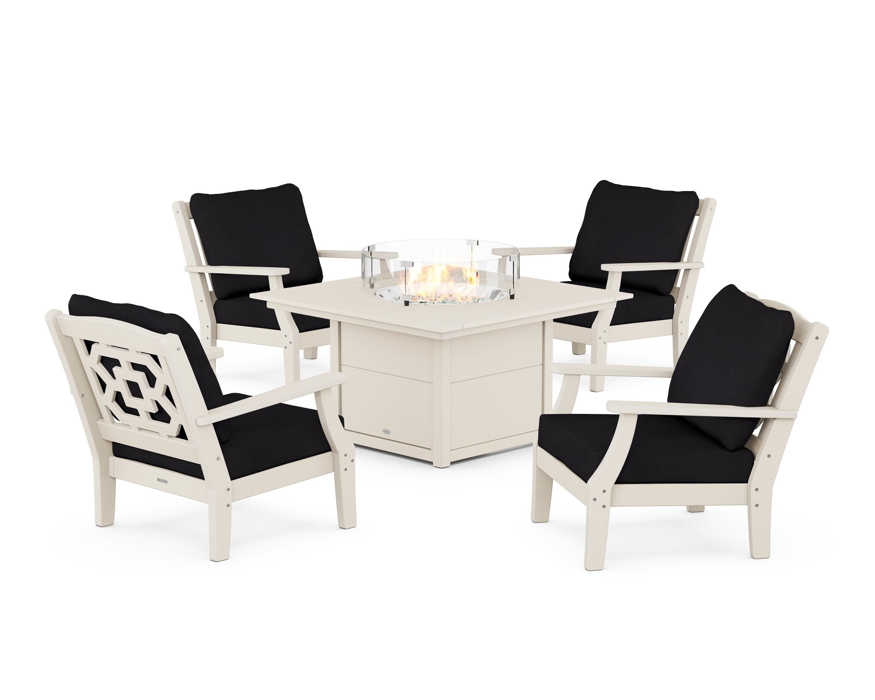 Martha Stewart by POLYWOOD® Chinoiserie 5-Piece Deep Seating Set with Fire Pit Table in Sand / Midnight Linen