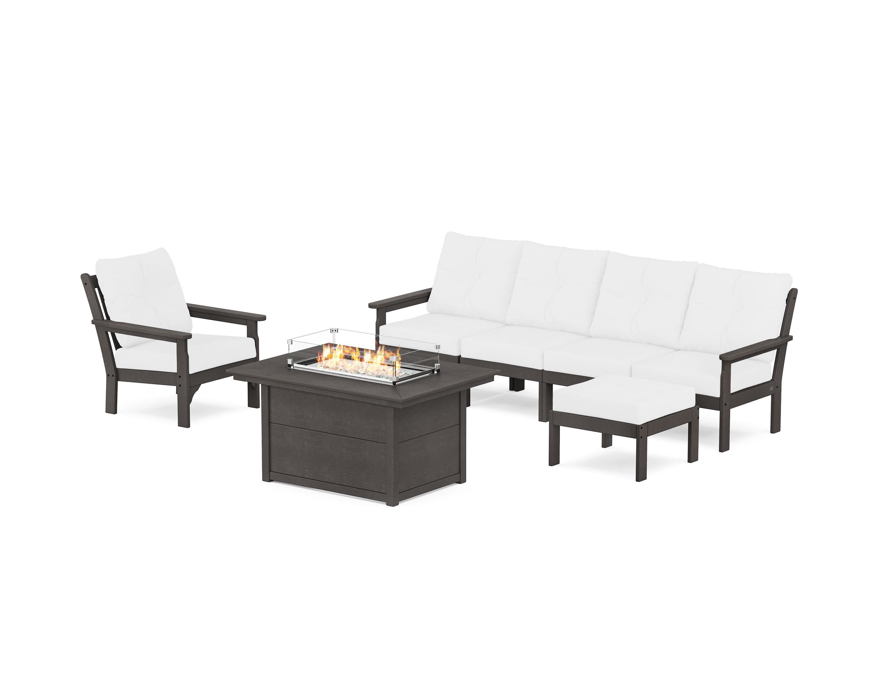 POLYWOOD® Vineyard Sectional Lounge and Fire Pit Set in Vintage Coffee / Natural