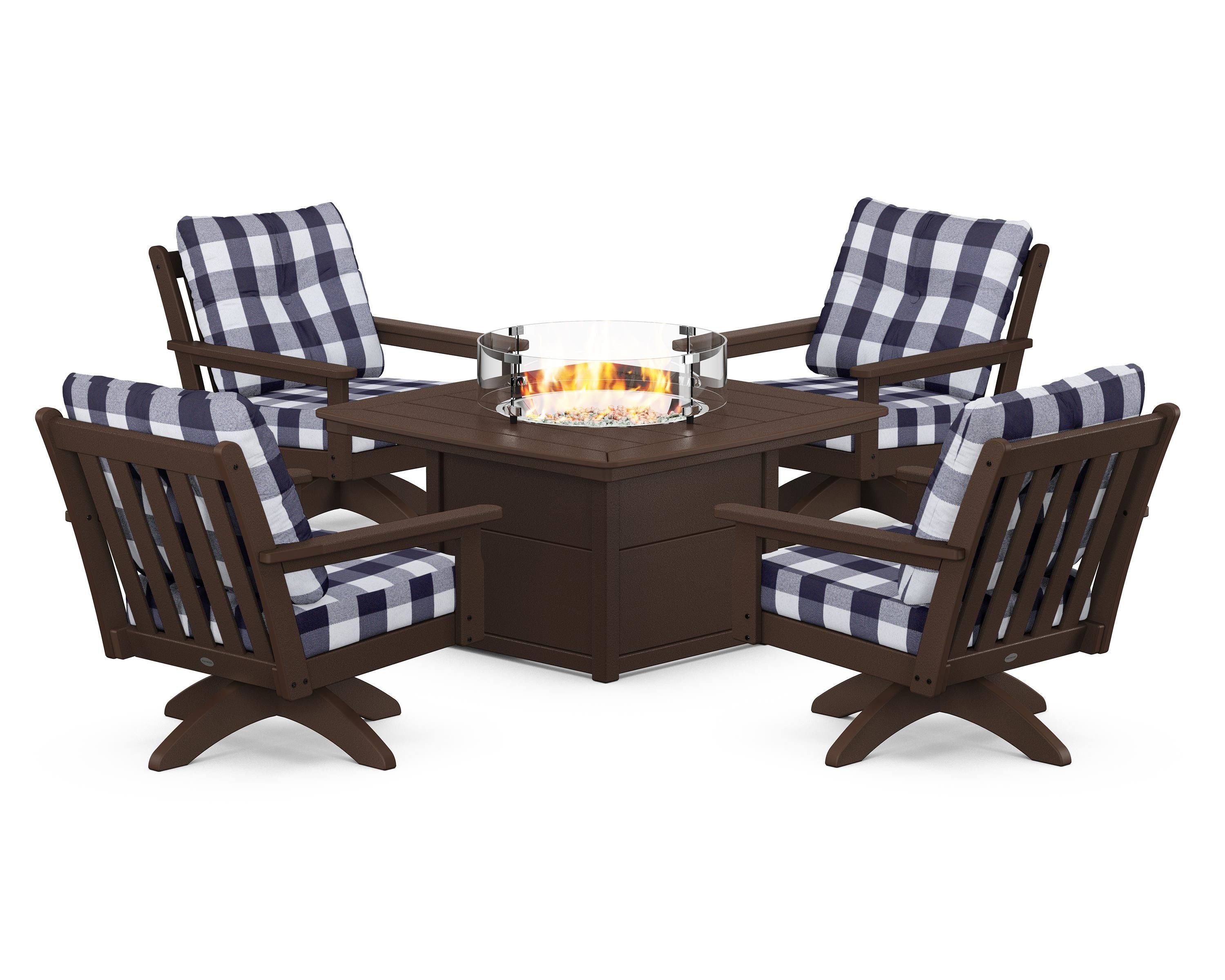 POLYWOOD® Vineyard 5-Piece Deep Seating Swivel Conversation Set with Fire Pit Table in Mahogany / Buffalo Plaid Navy