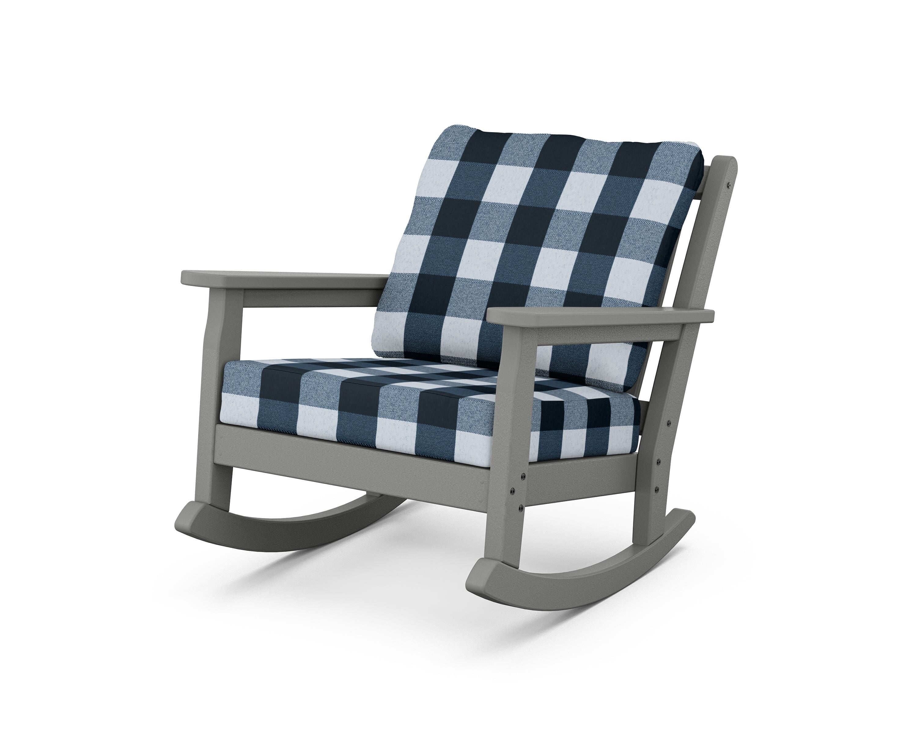 POLYWOOD® Chippendale Deep Seating Rocking Chair in Slate Grey / Buffalo Plaid Marine Indigo
