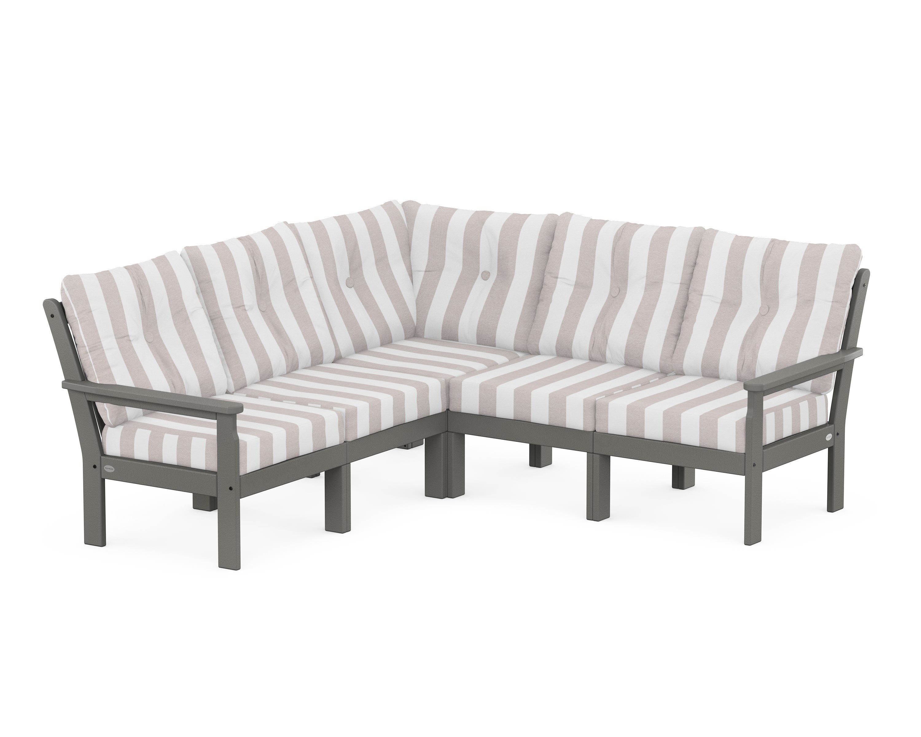 POLYWOOD® Vineyard 5-Piece Sectional in Slate Grey / Cabana Stripe Dune Burlap