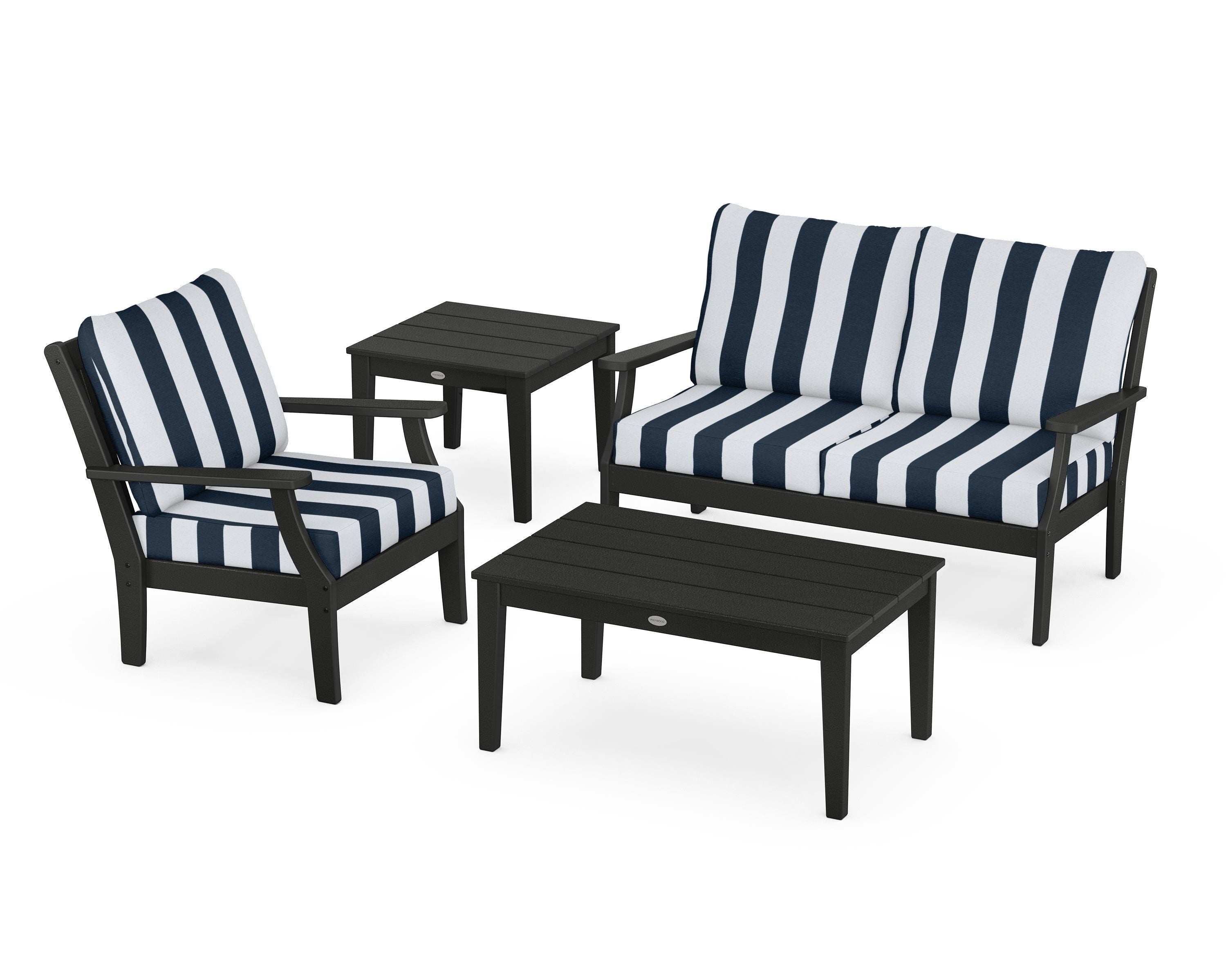 POLYWOOD® Braxton 4-Piece Deep Seating Set in Black / Cabana Stripe Marine Indigo