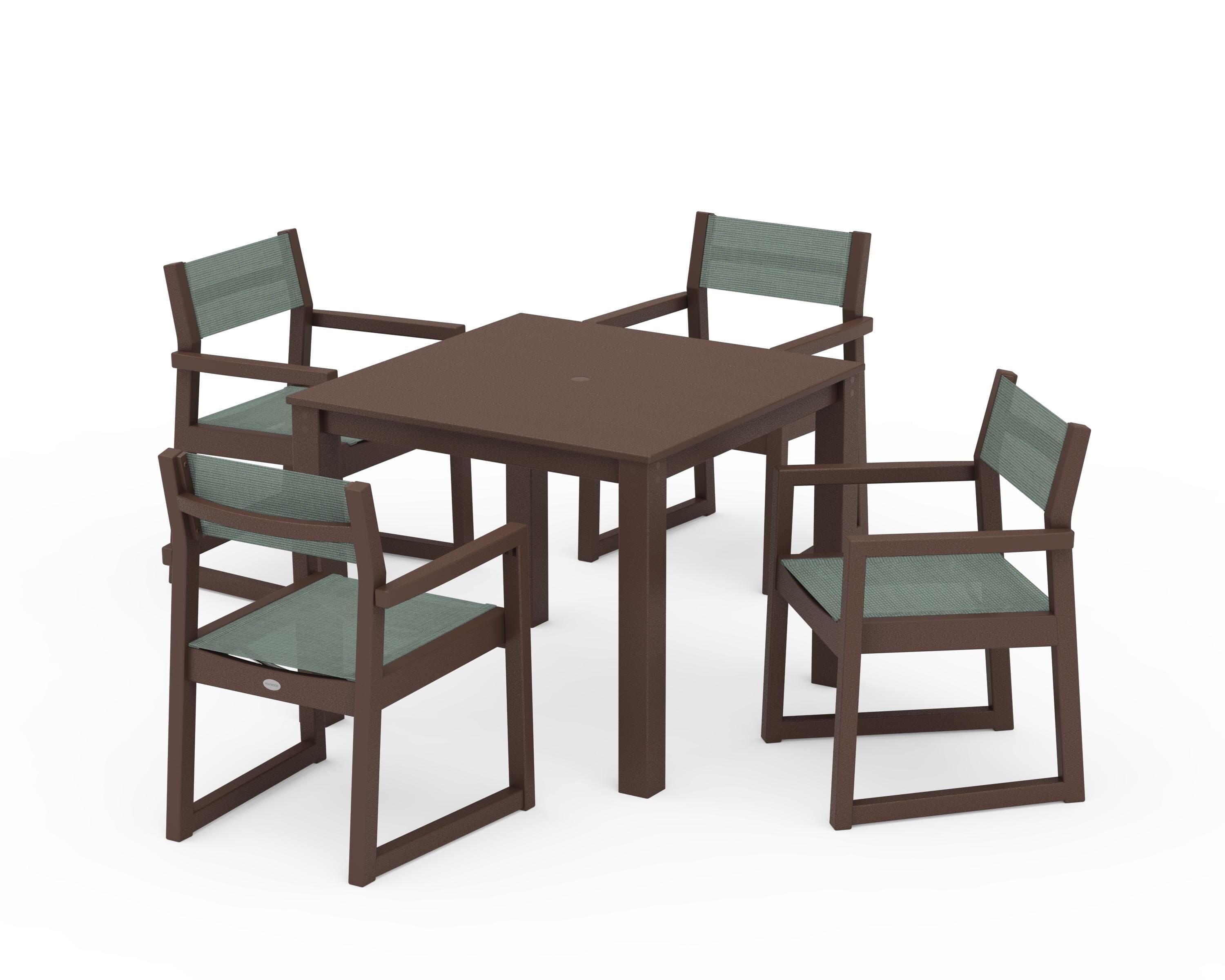 POLYWOOD® EDGE Sling Arm Chair 5-Piece Parsons Dining Set in Mahogany / Dupioni Sea Mist Sling