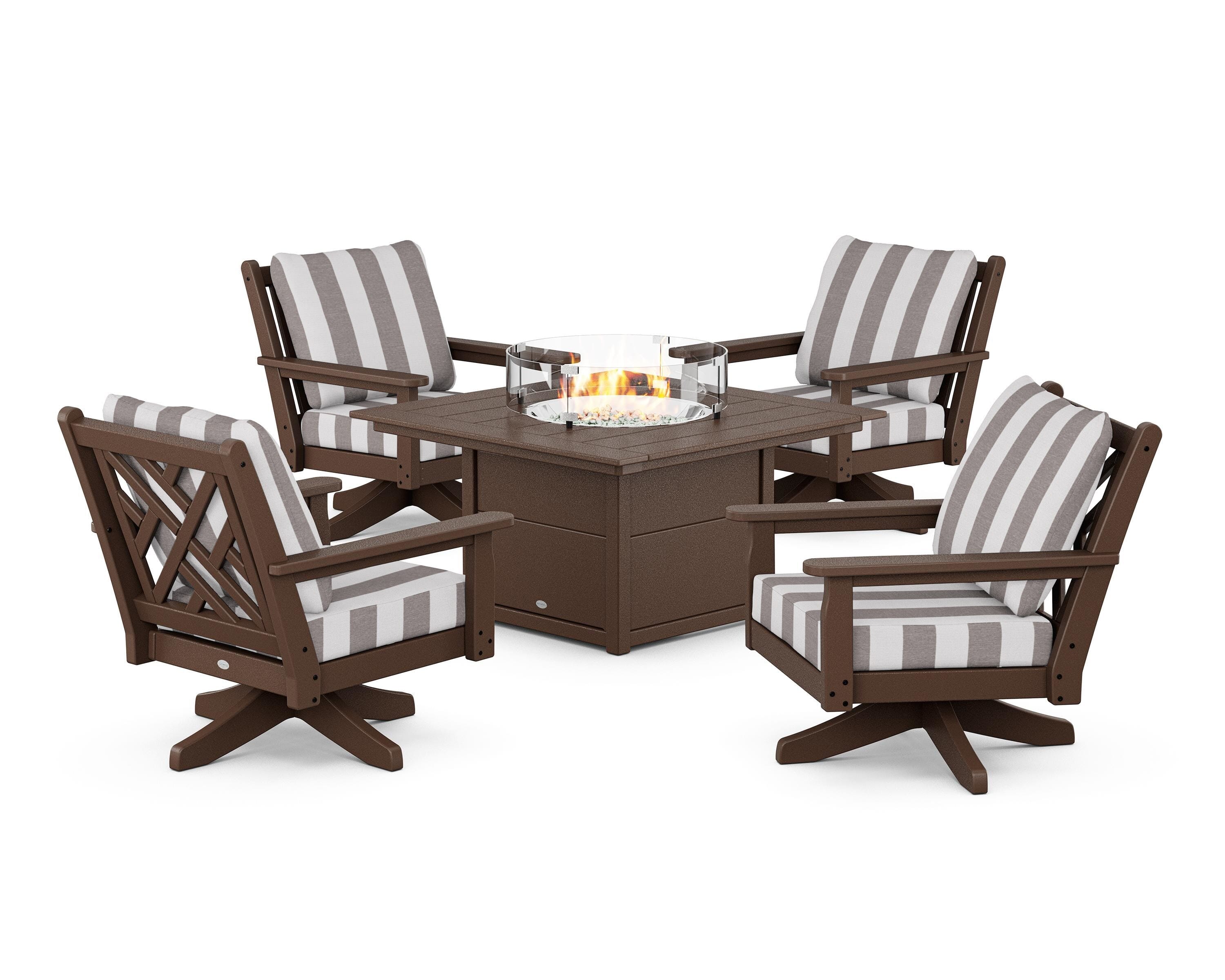 POLYWOOD® Chippendale 5-Piece Deep Seating Swivel Conversation Set with Fire Pit Table in Mahogany / Cabana Stripe Grey Mist