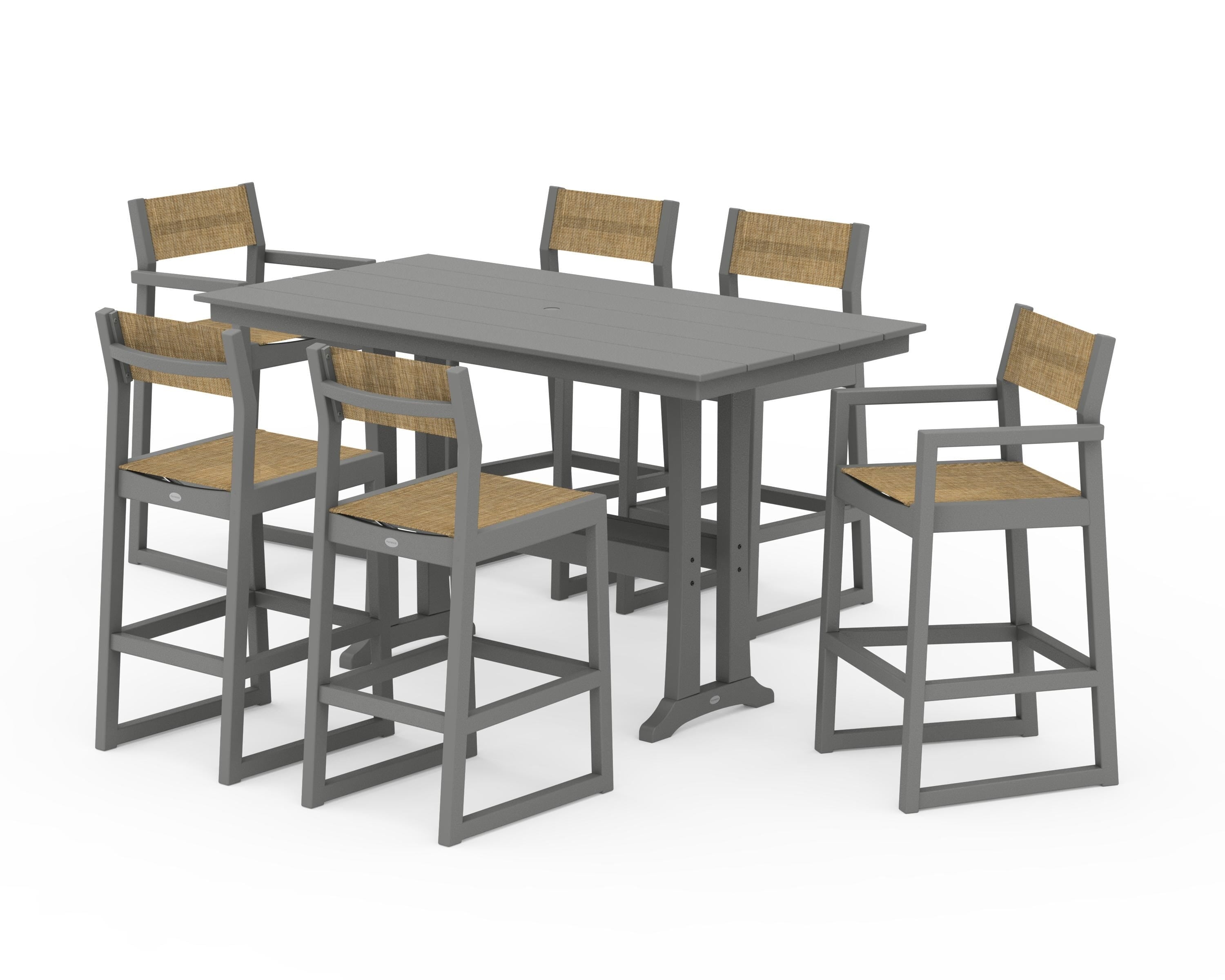 POLYWOOD® EDGE Sling 7-Piece Farmhouse Bar Set with Trestle Legs in Slate Grey / Burlap Sling