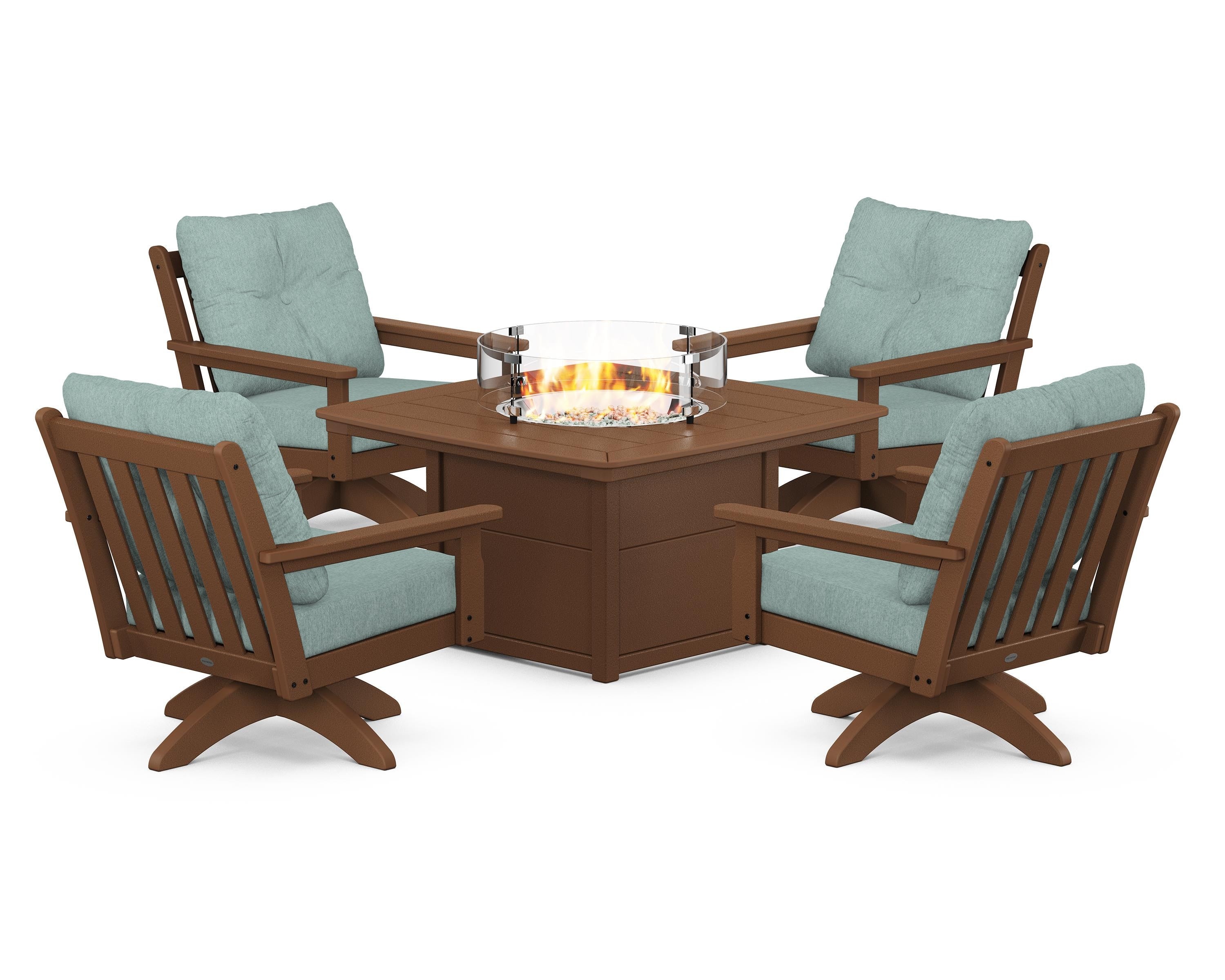 POLYWOOD® Vineyard 5-Piece Deep Seating Swivel Conversation Set with Fire Pit Table in Teak / Glacier Spa