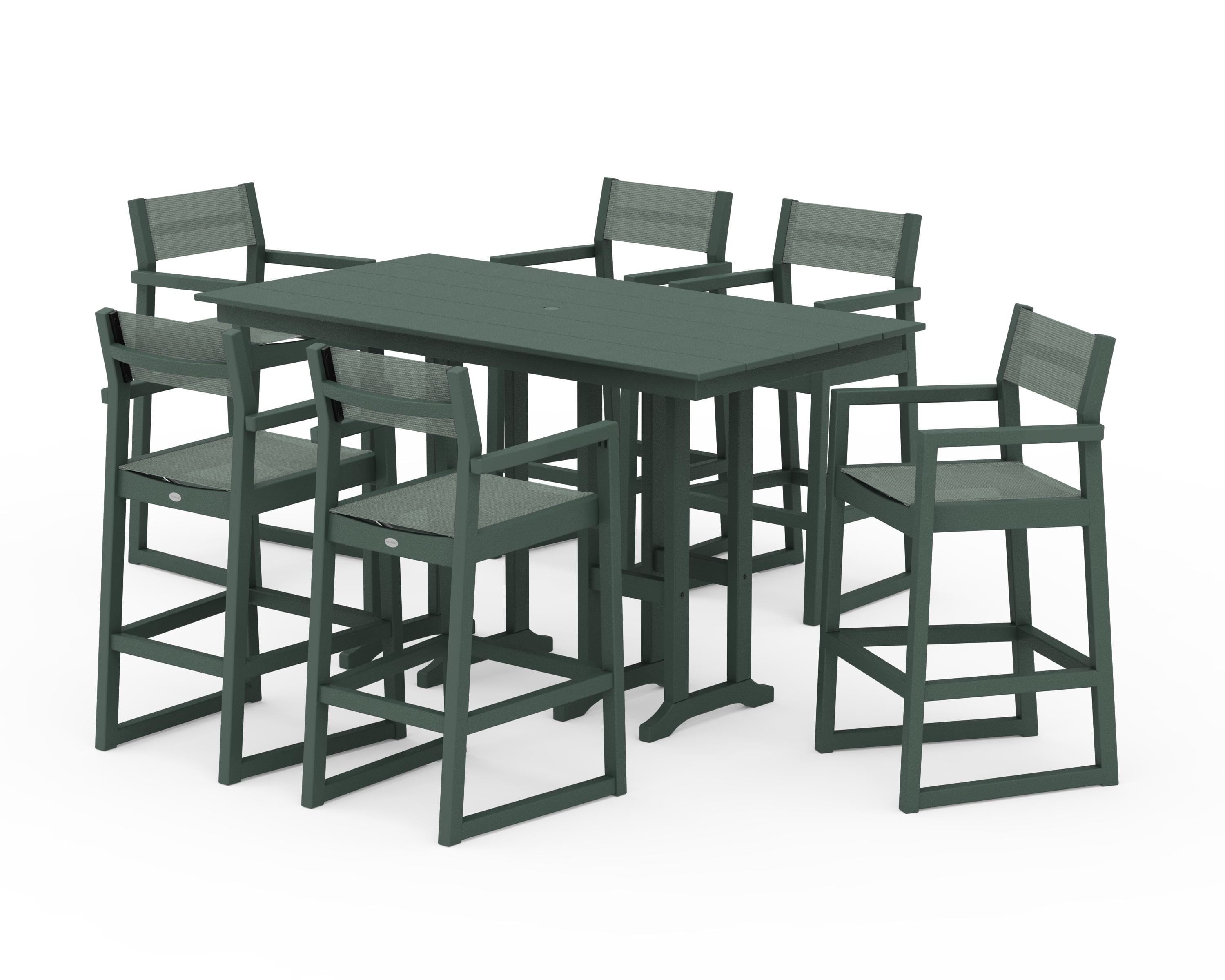 POLYWOOD® EDGE Sling Arm Chair 7-Piece Farmhouse Bar Set in Green / Dupioni Sea Mist Sling