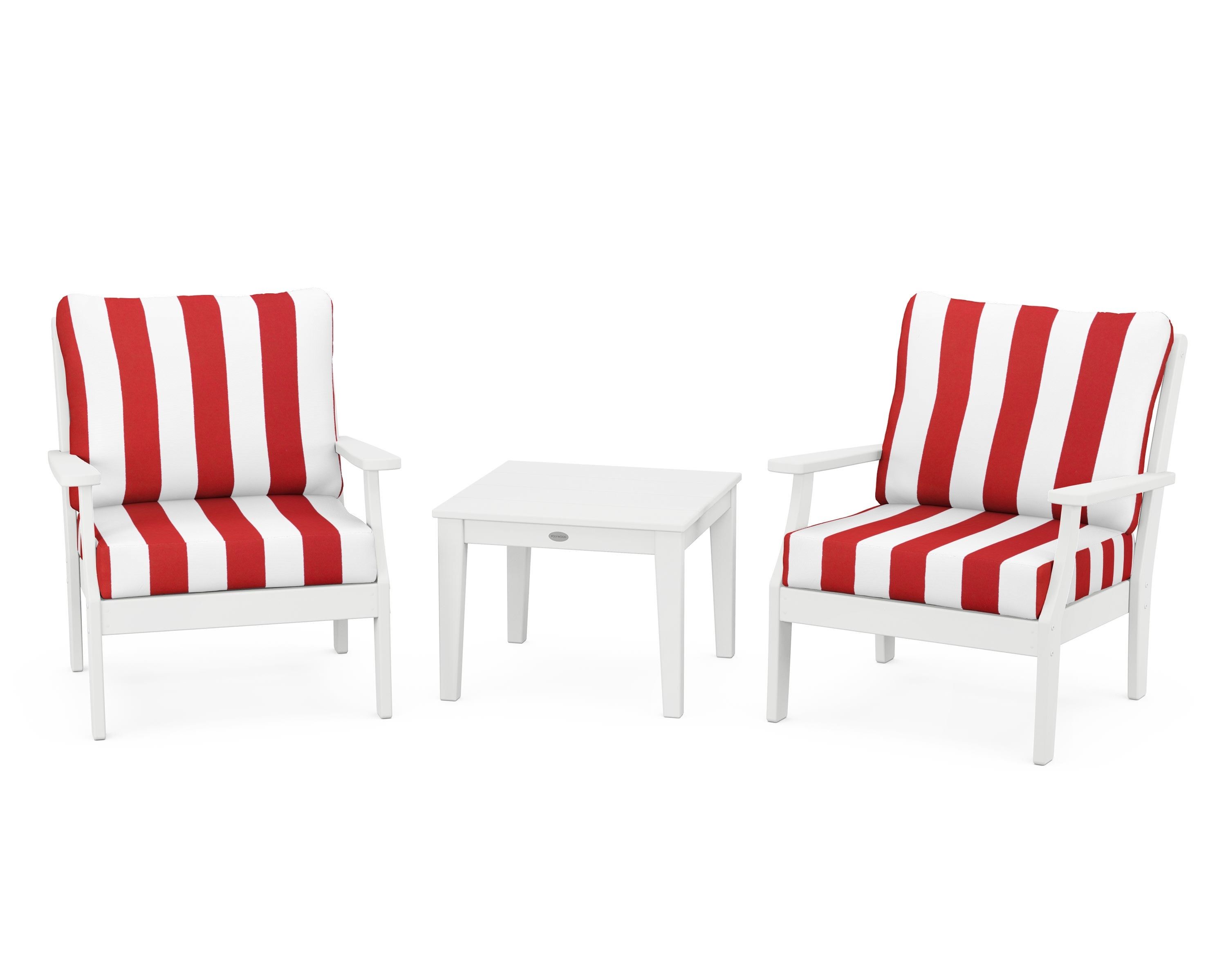 POLYWOOD® Braxton 3-Piece Deep Seating Set in White / Cabana Stripe Crimson
