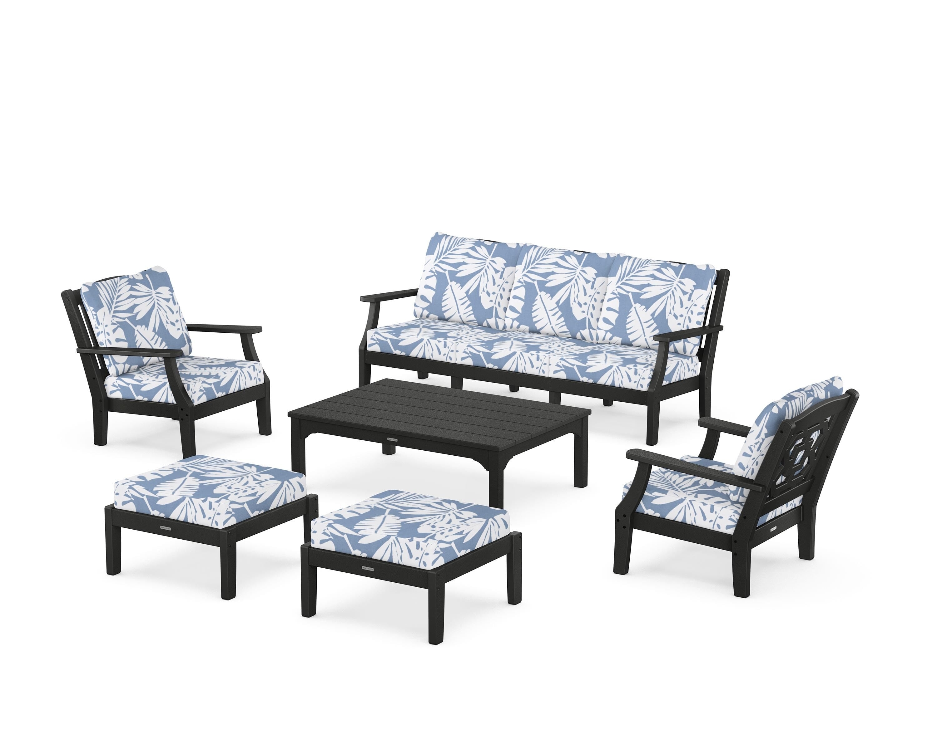 Martha Stewart by POLYWOOD® Chinoiserie 6-Piece Lounge Sofa Set in Black / Leaf Sky Blue
