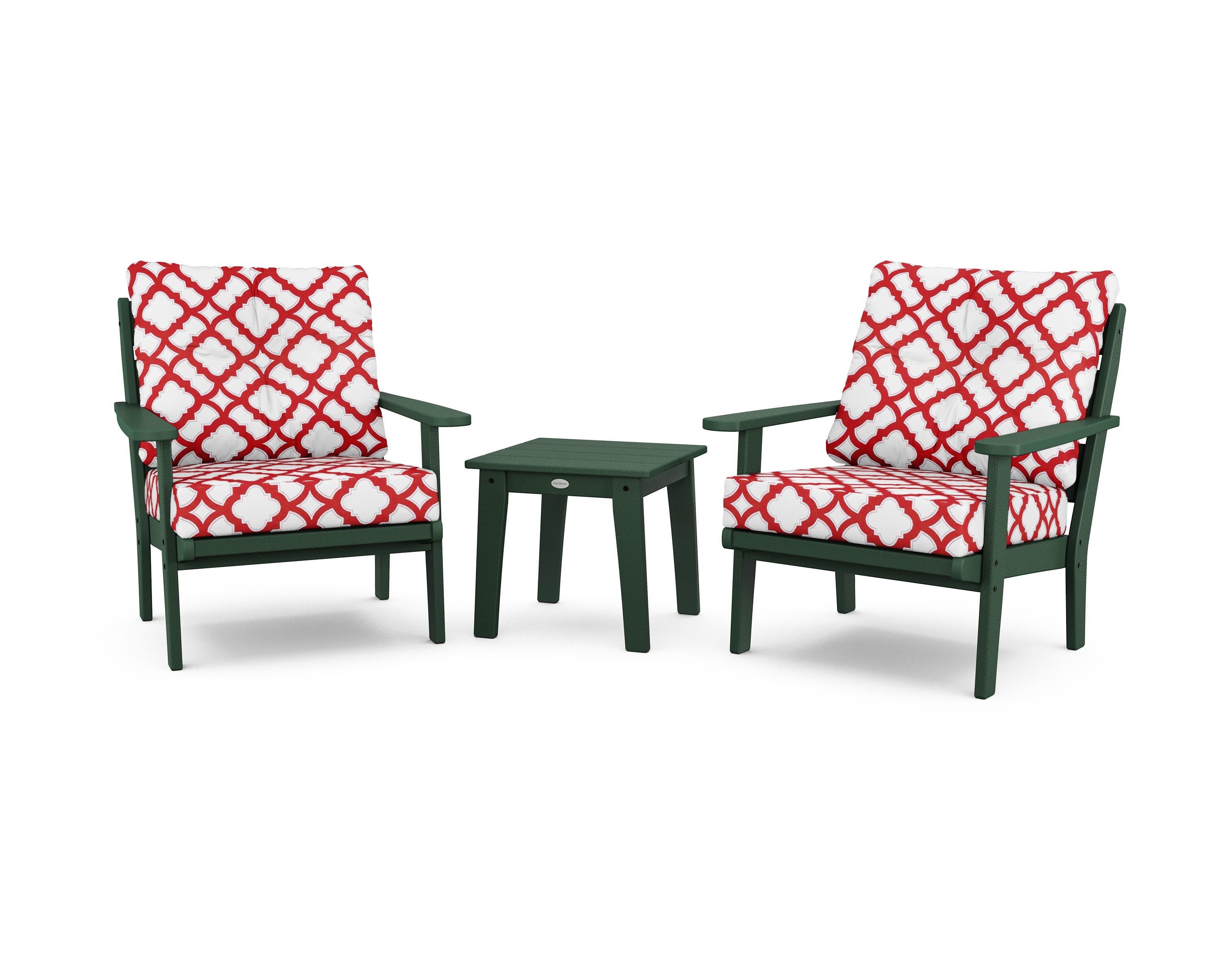 POLYWOOD® Lakeside 3-Piece Deep Seating Chair Set in Green / Trellis Crimson