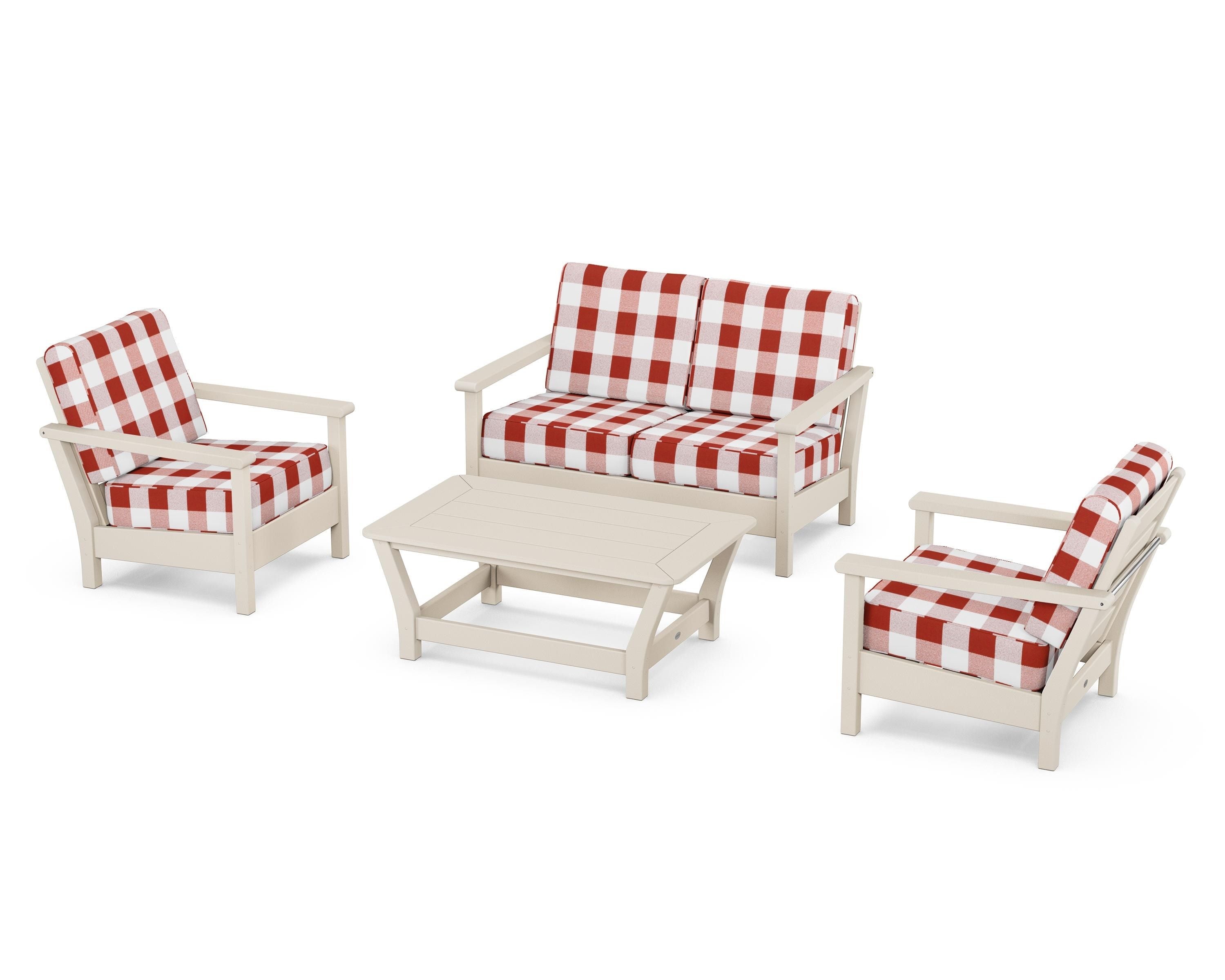POLYWOOD® Harbour 4-Piece Deep Seating Set in Sand / Buffalo Plaid Crimson