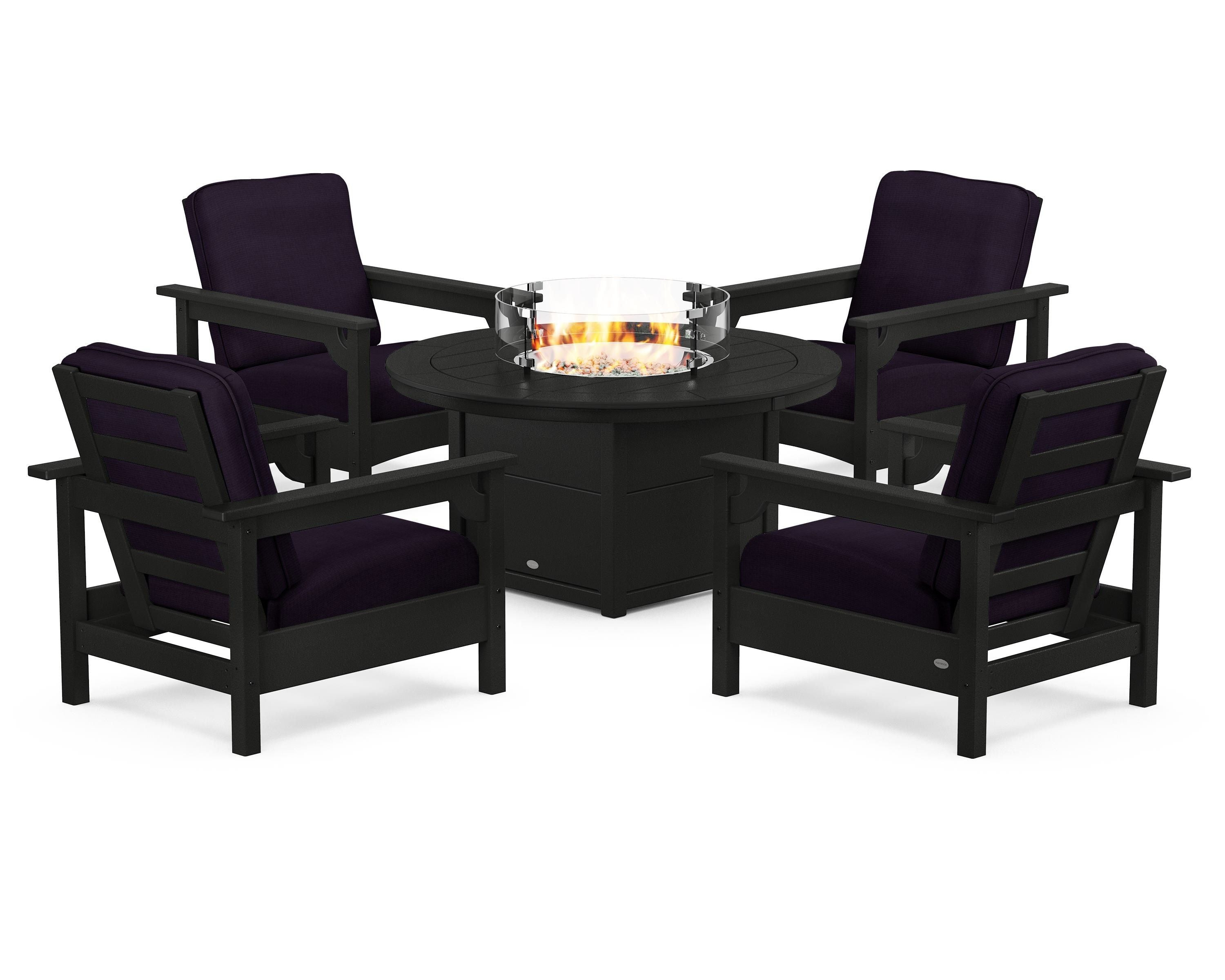 POLYWOOD® Club 5-Piece Conversation Set with Fire Pit Table in Black / Navy Linen