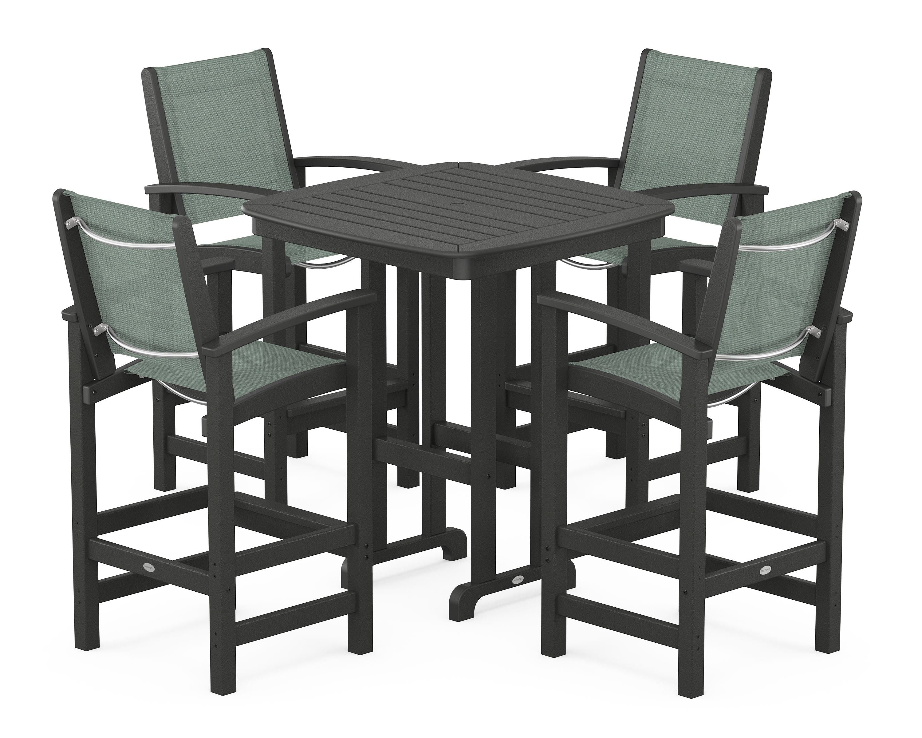 POLYWOOD® Coastal 5-Piece Bar Set in Black / Dupioni Sea Mist Sling
