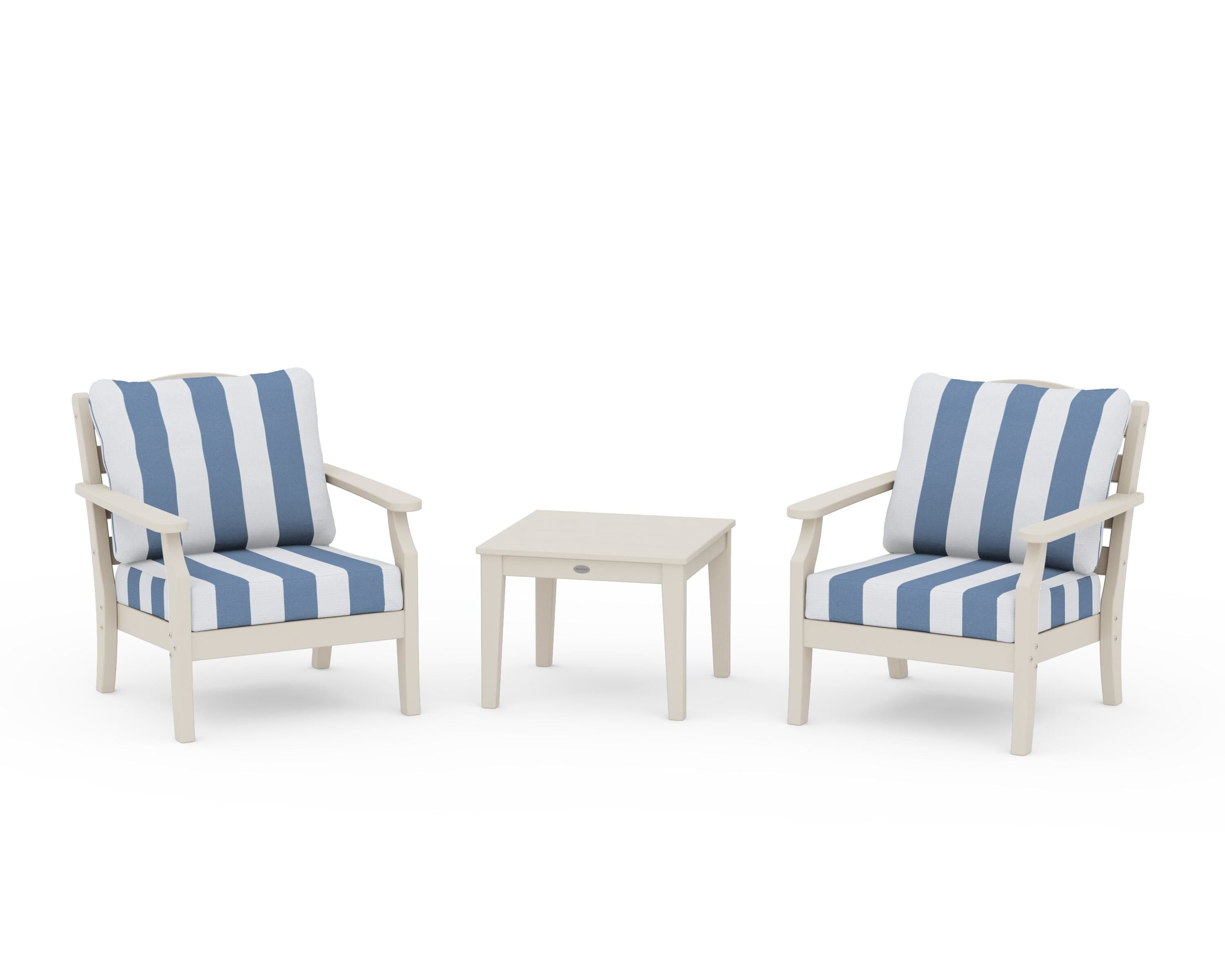 Draper James™ by POLYWOOD® Savannah 3-Piece Deep Seating Set in Sand / Cabana Stripe Sky Blue