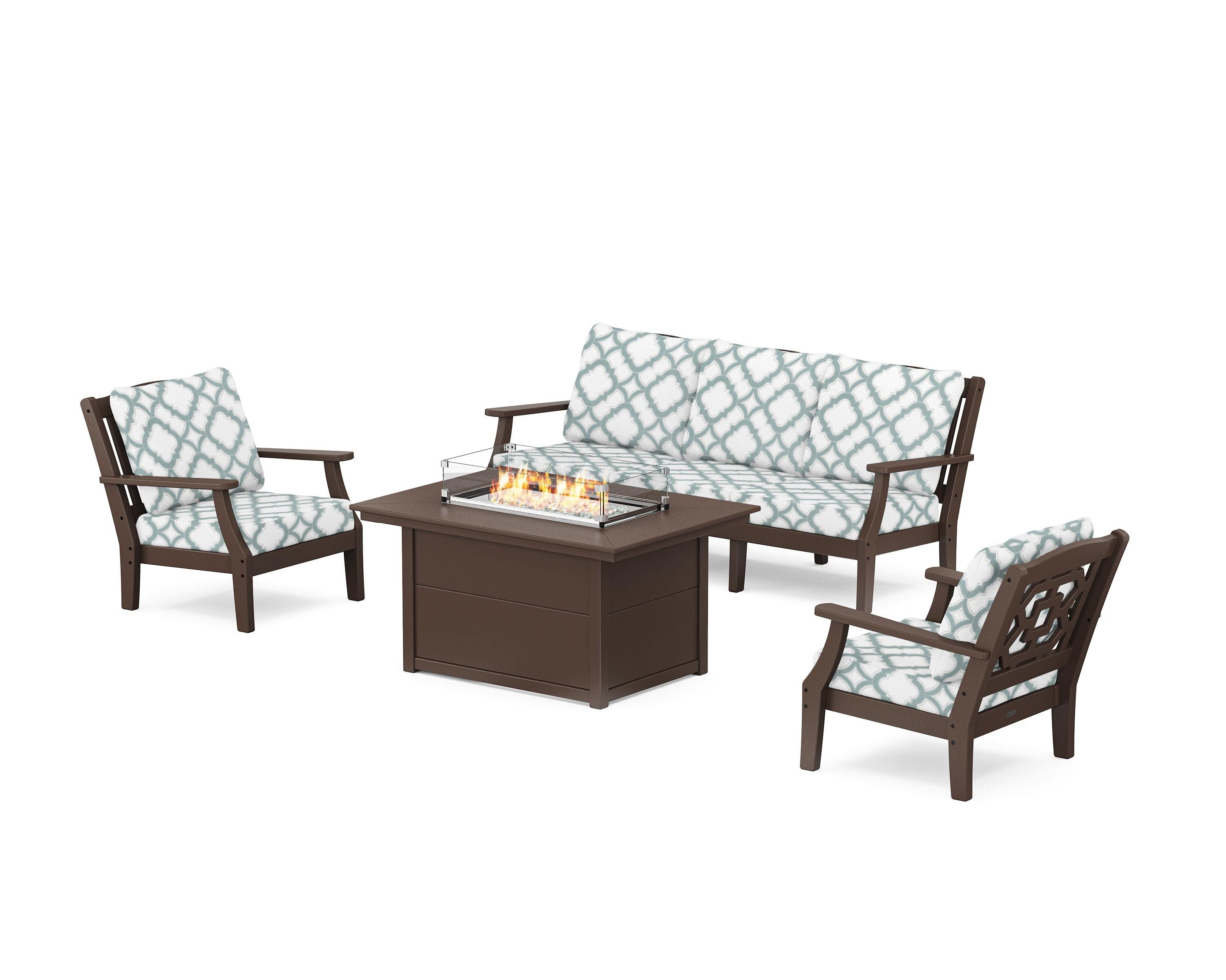 Martha Stewart by POLYWOOD® Chinoiserie Deep Seating Fire Pit Table Set in Mahogany / Trellis Glacier Spa