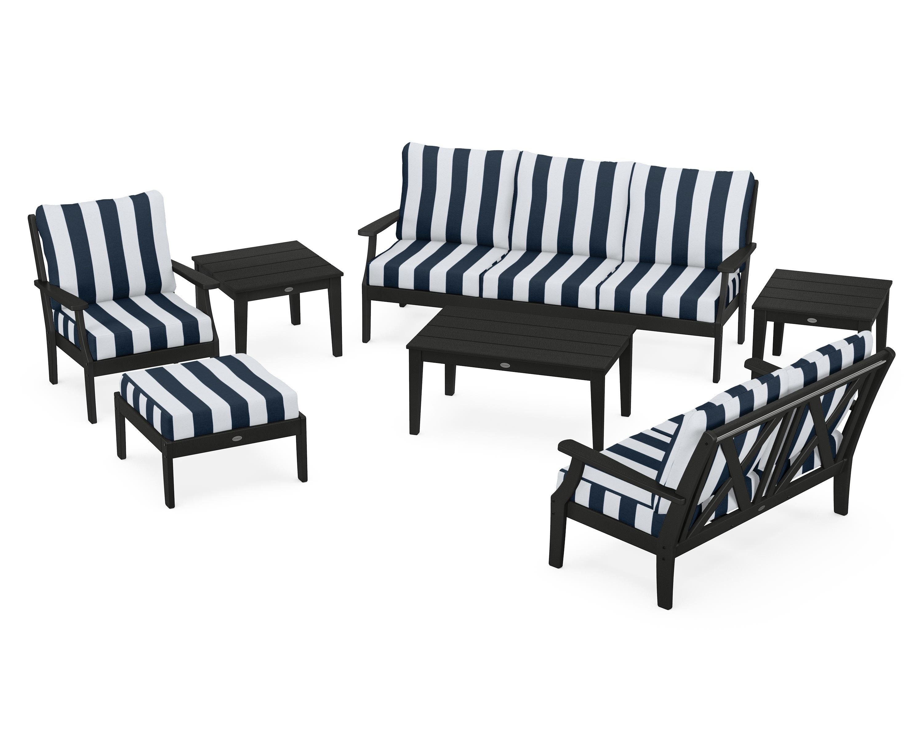 POLYWOOD® Braxton 7-Piece Deep Seating Set in Black / Cabana Stripe Marine Indigo