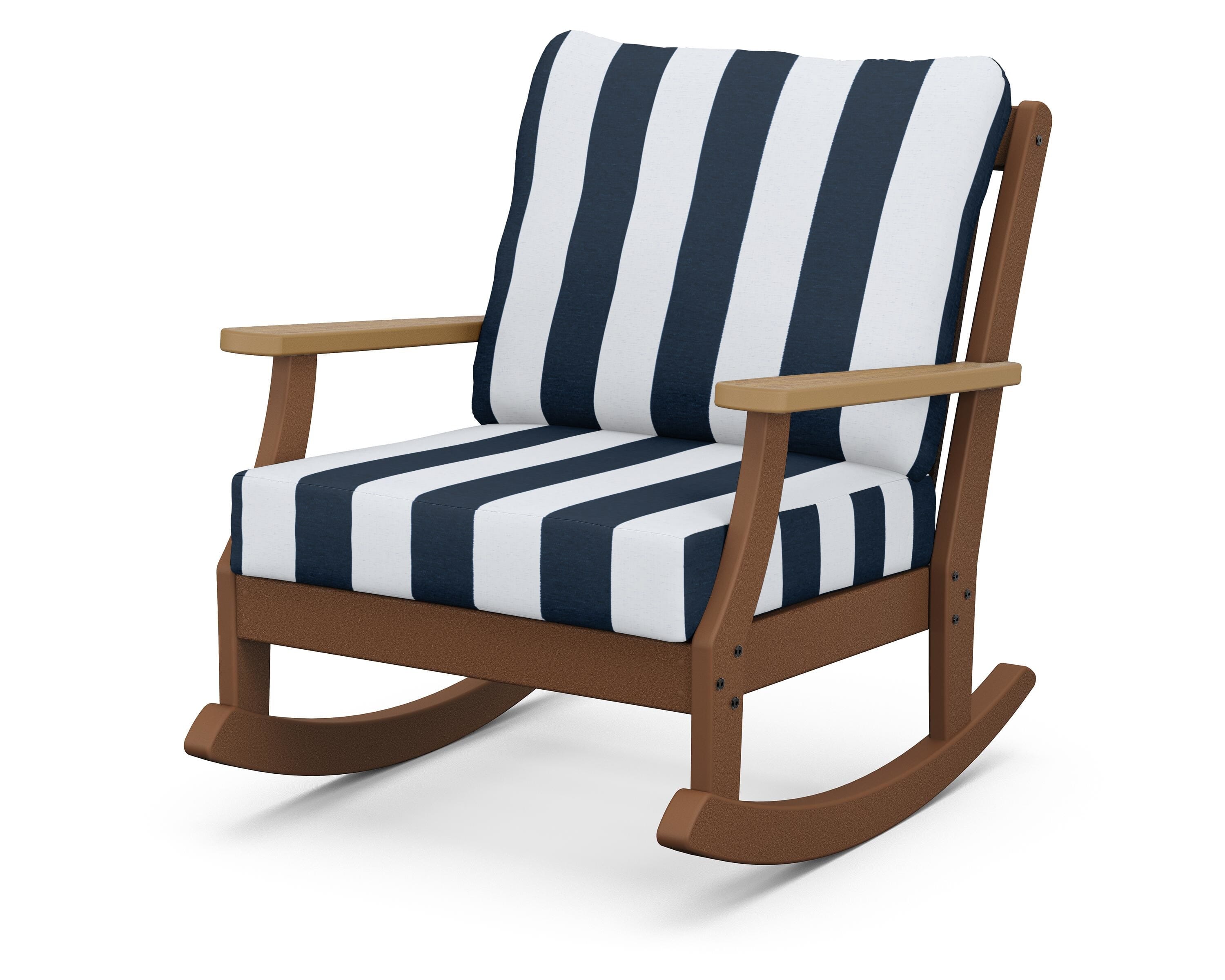 POLYWOOD® Braxton Deep Seating Rocking Chair in Teak / Natural / Cabana Stripe Marine Indigo