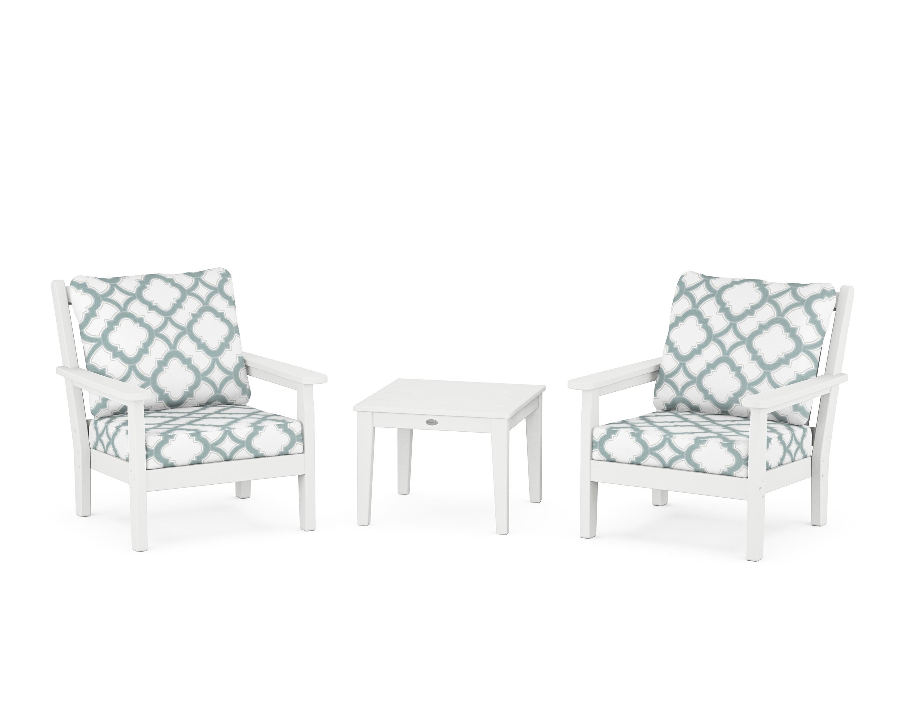POLYWOOD® Chippendale 3-Piece Deep Seating Set in White / Trellis Glacier Spa