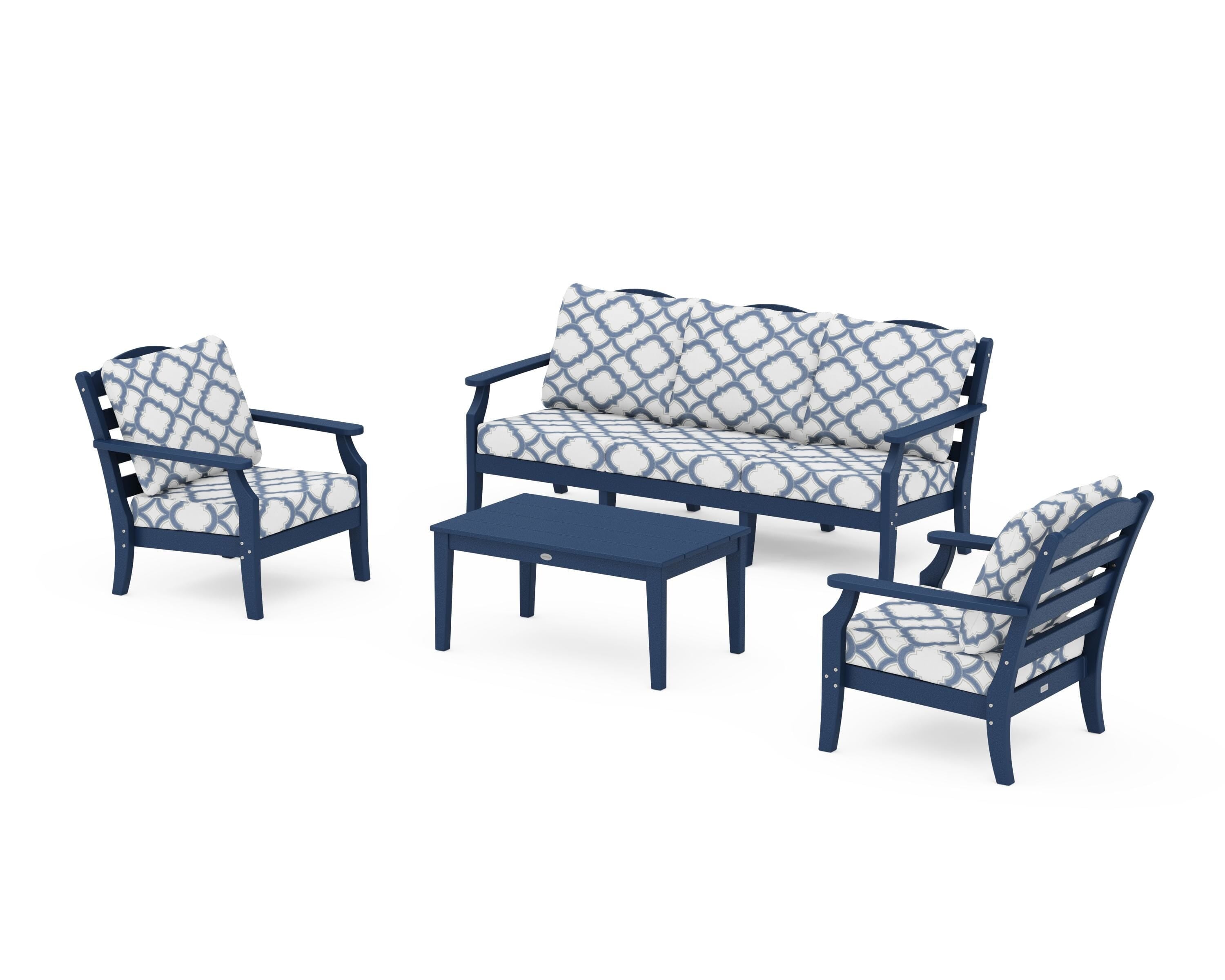 Draper James™ by POLYWOOD® Savannah 4-Piece Deep Seating Set with Sofa in Navy / Trellis Sky Blue