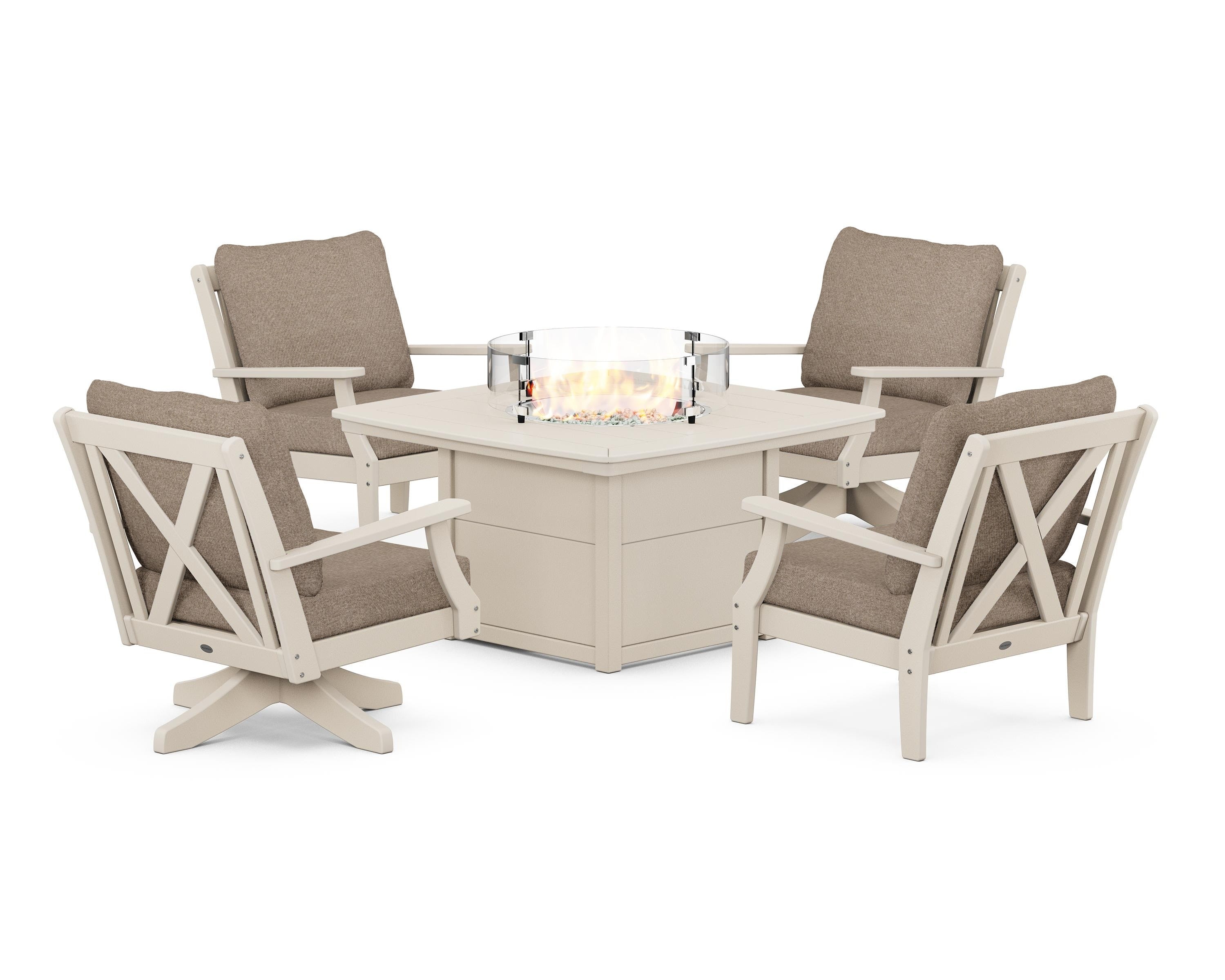 POLYWOOD® Braxton 5-Piece Deep Seating Set with Fire Table in Sand / Spiced Burlap