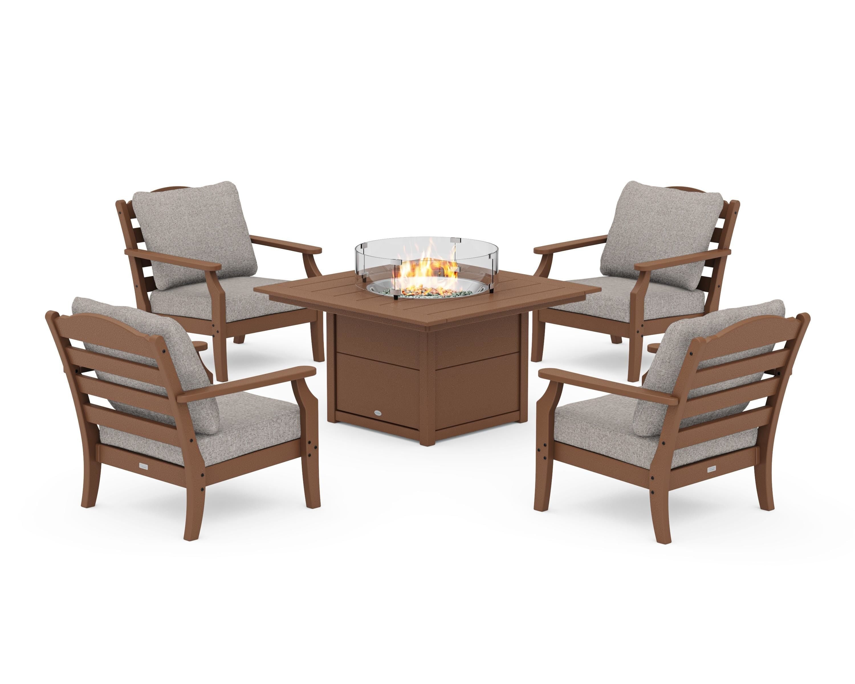 Draper James™ by POLYWOOD® Savannah 5-Piece Deep Seating Set with Fire Pit Table in Teak / Weathered Tweed