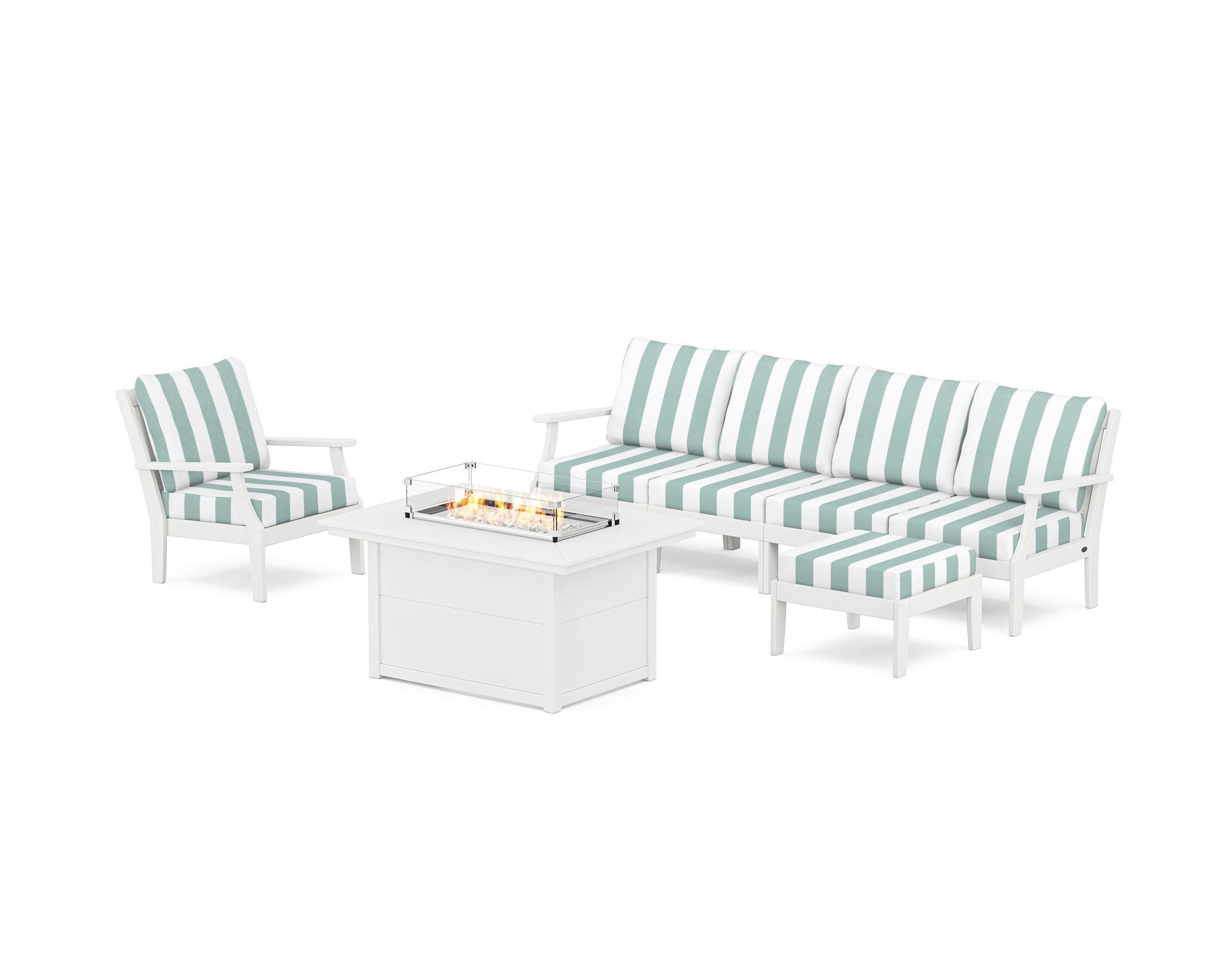 POLYWOOD® Braxton Sectional Lounge and Fire Pit Set in White / Cabana Stripe Glacier Spa