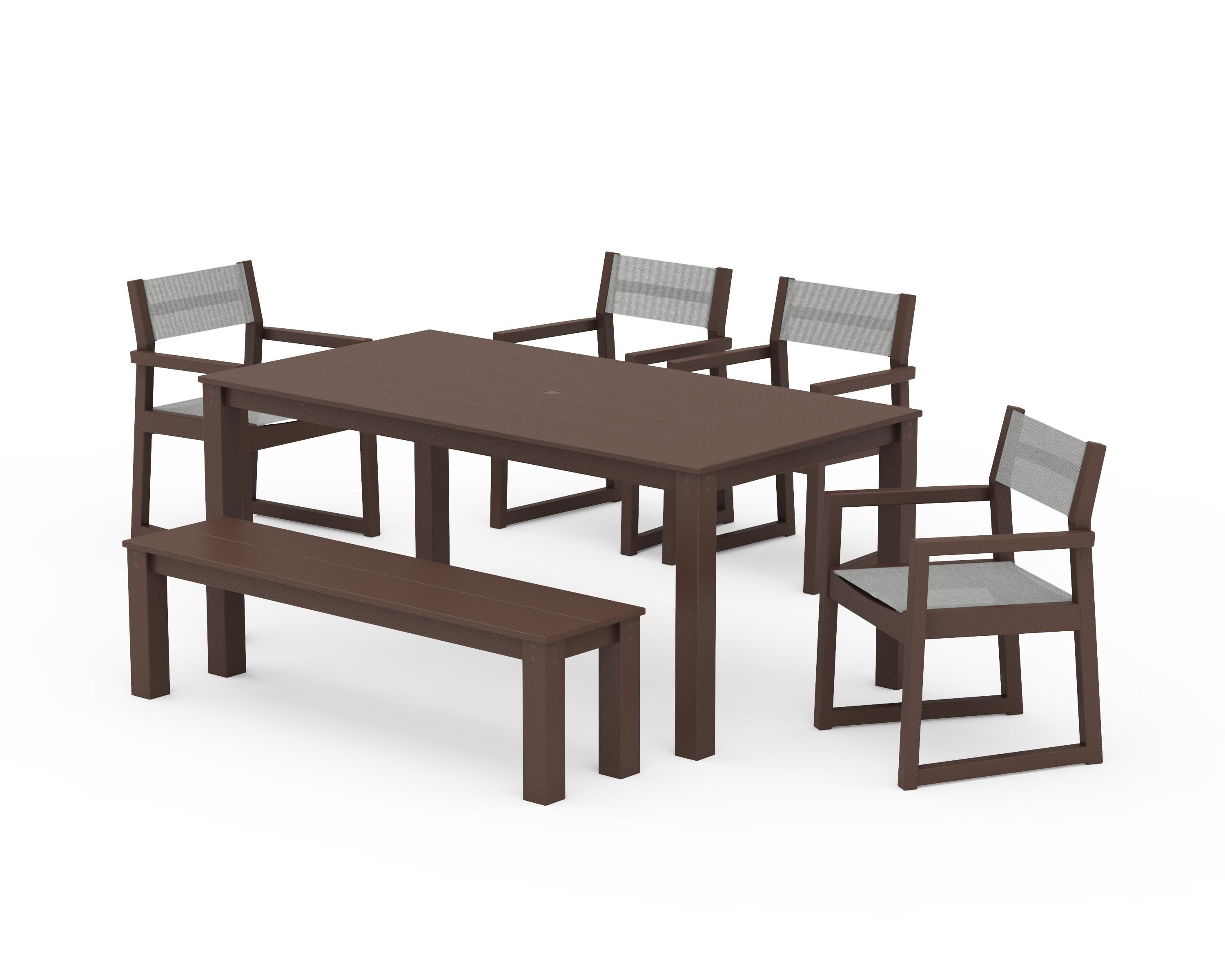 POLYWOOD® EDGE Sling Arm Chair 6-Piece Parsons Dining Set with Bench in Mahogany / Metallic Sling