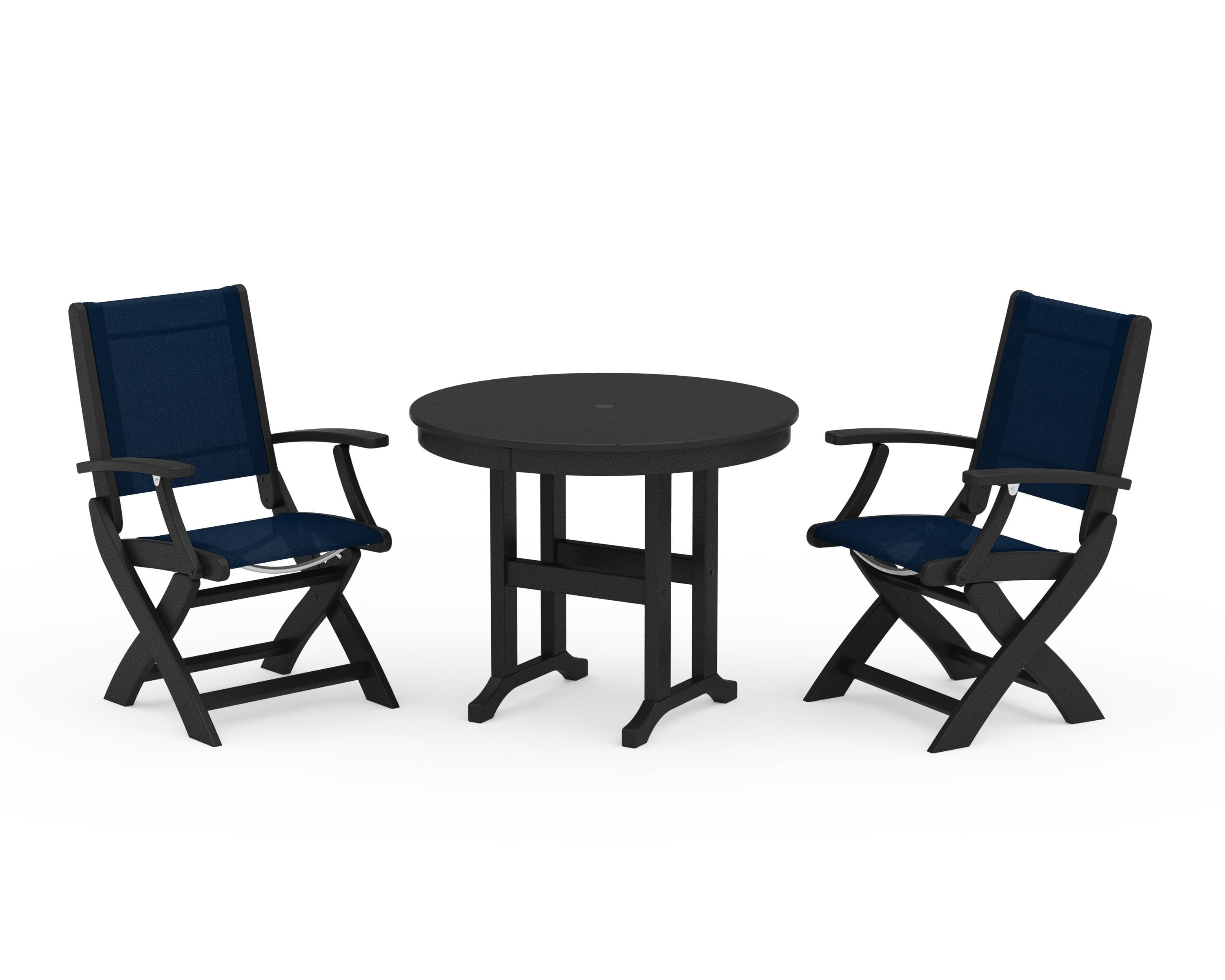 POLYWOOD® Coastal Folding Chair 3-Piece Round Dining Set in Black / Navy Blue Sling
