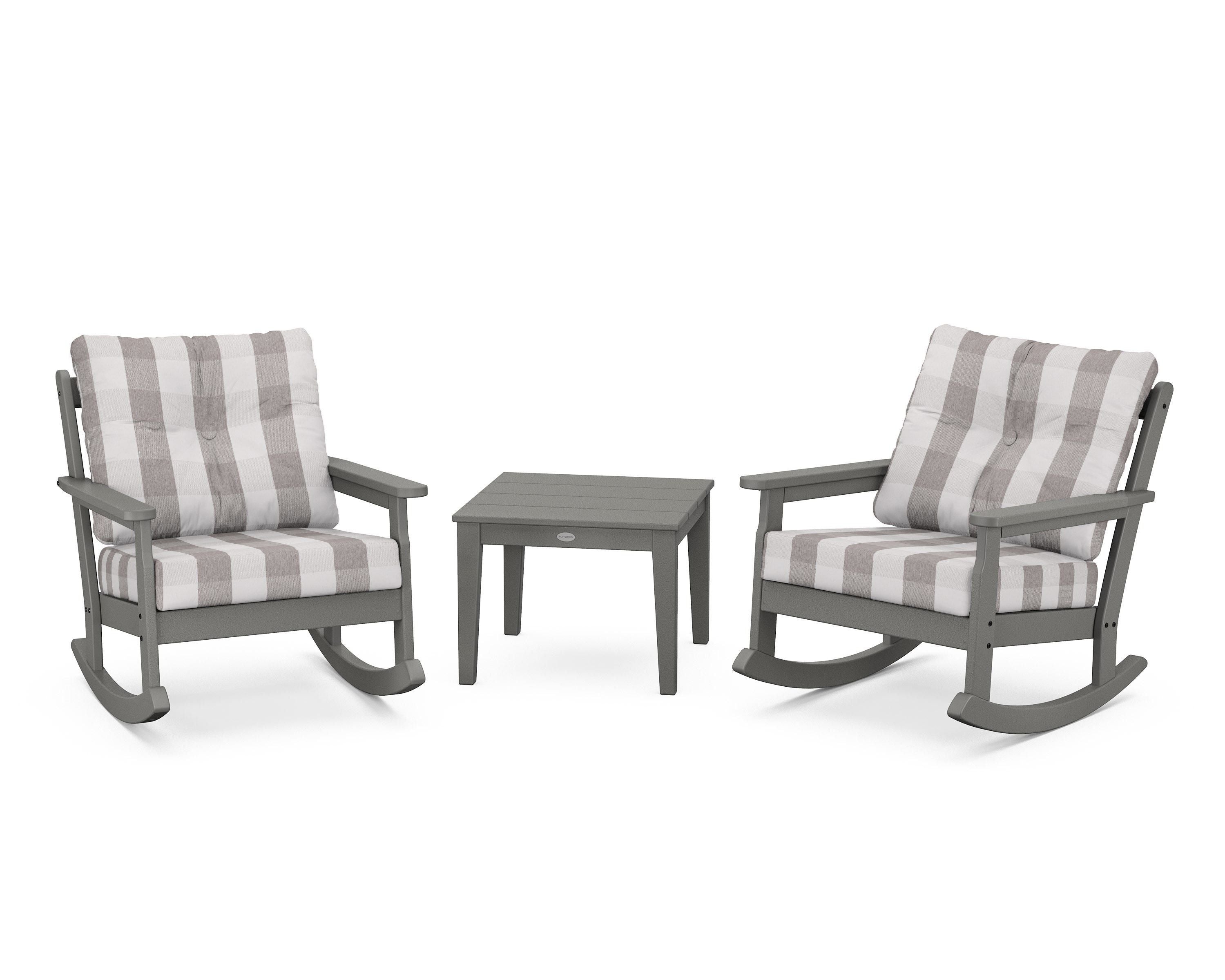 POLYWOOD® Vineyard 3-Piece Deep Seating Rocker Set in Slate Grey / Buffalo Plaid Grey Mist
