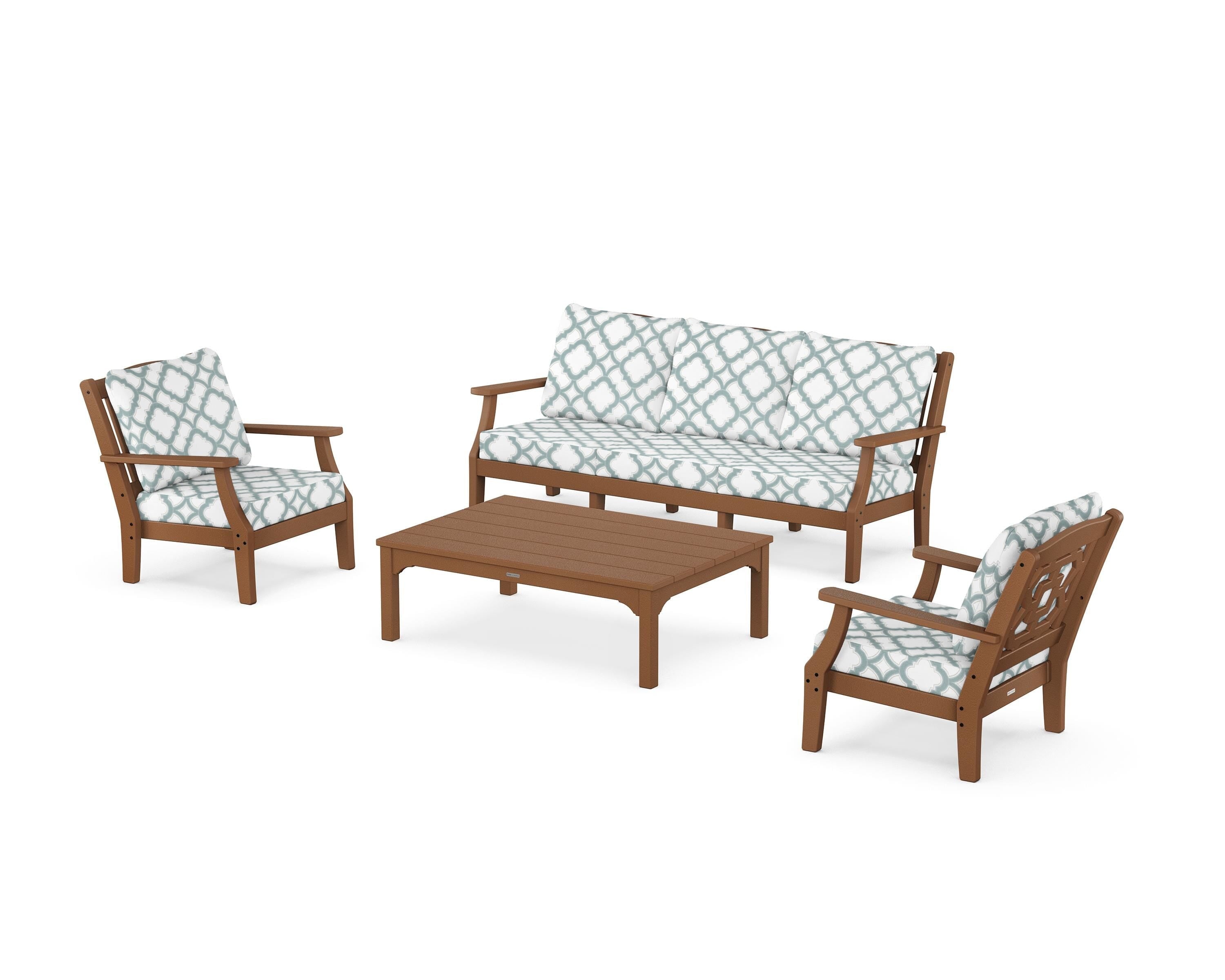 Martha Stewart by POLYWOOD® Chinoiserie 4-Piece Deep Seating Set with Sofa in Teak / Trellis Glacier Spa