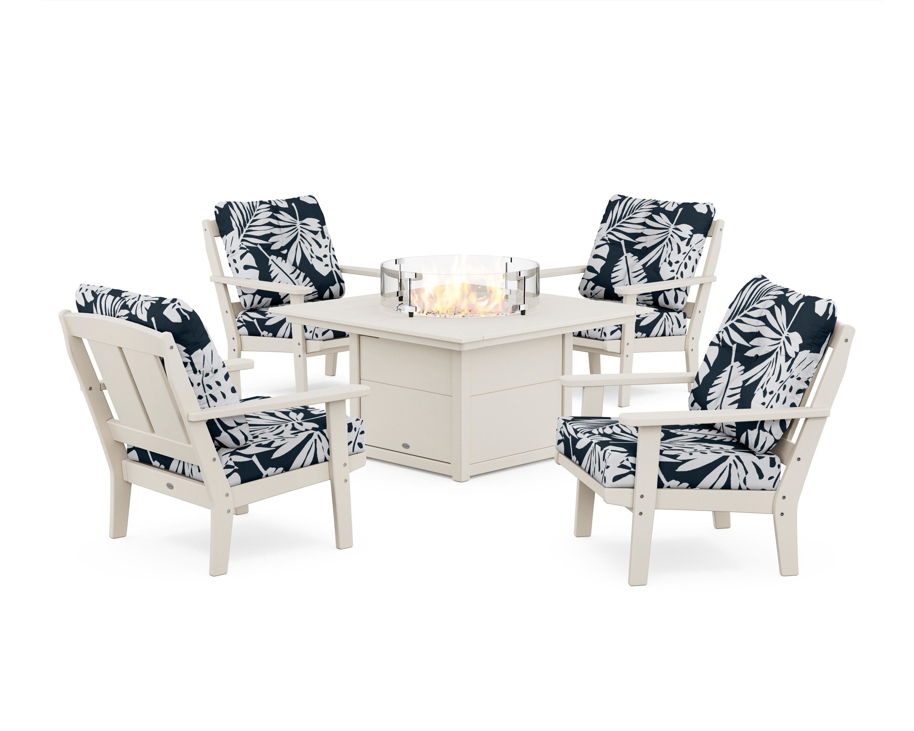 POLYWOOD® Mission 5-Piece Deep Seating Set with Fire Pit Table in Sand / Leaf Marine Indigo
