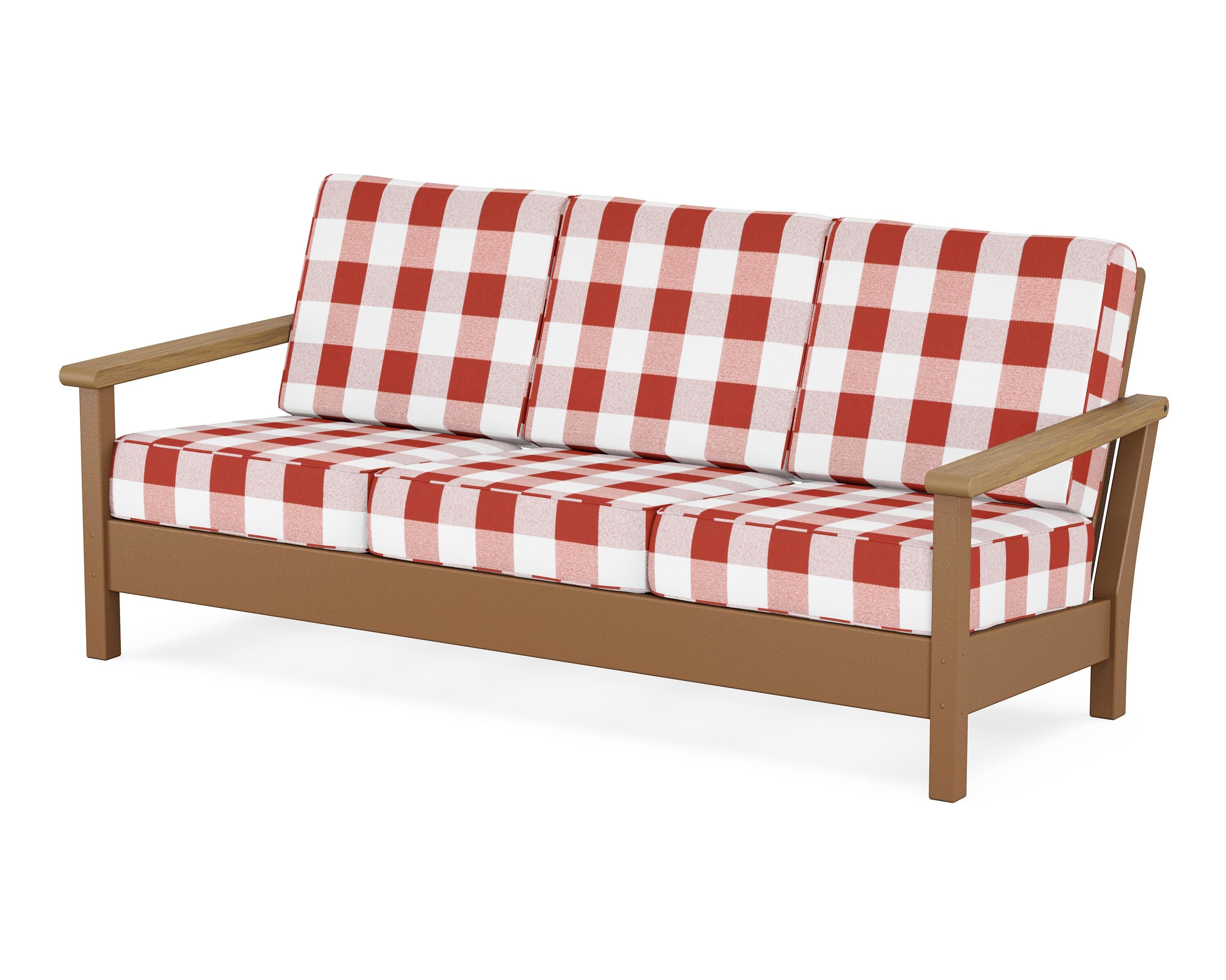 POLYWOOD® Harbour Deep Seating Sofa in Teak / Natural / Buffalo Plaid Crimson