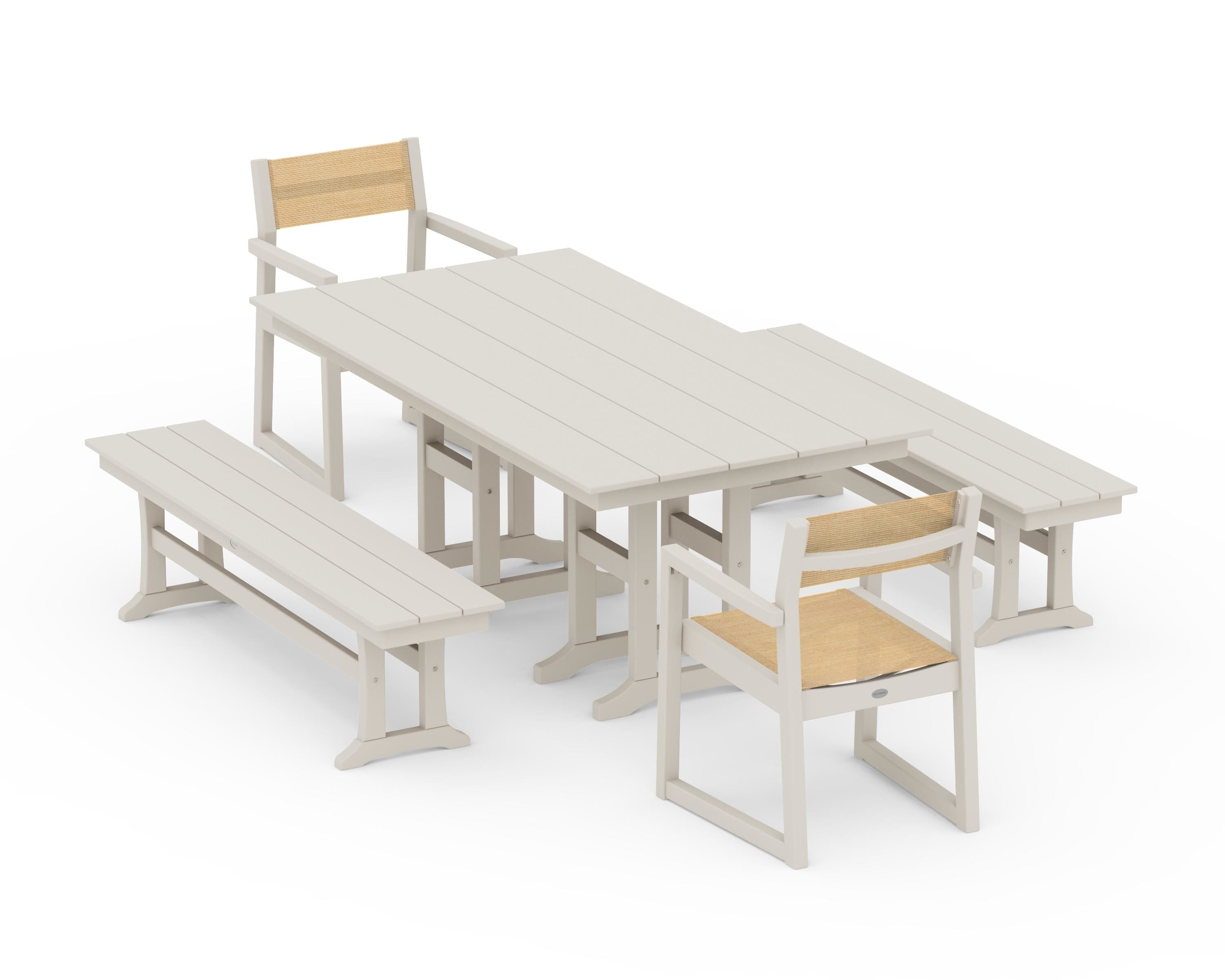 POLYWOOD® EDGE Sling Arm Chair 5-Piece Farmhouse Dining Set with Benches in Sand / Dupioni Apricot Sling