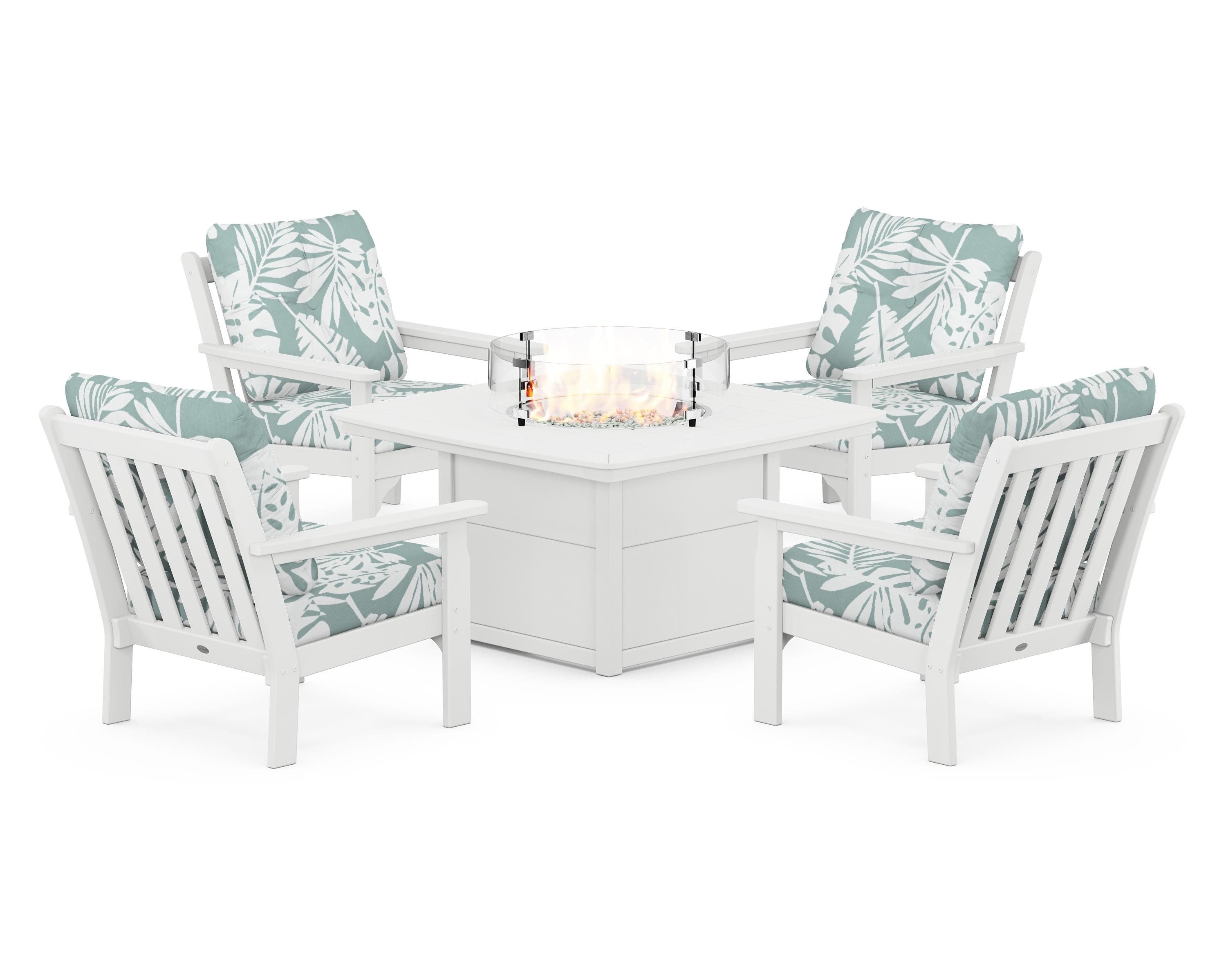 POLYWOOD® Vineyard 5-Piece Conversation Set with Fire Pit Table in White / Leaf Glacier Spa