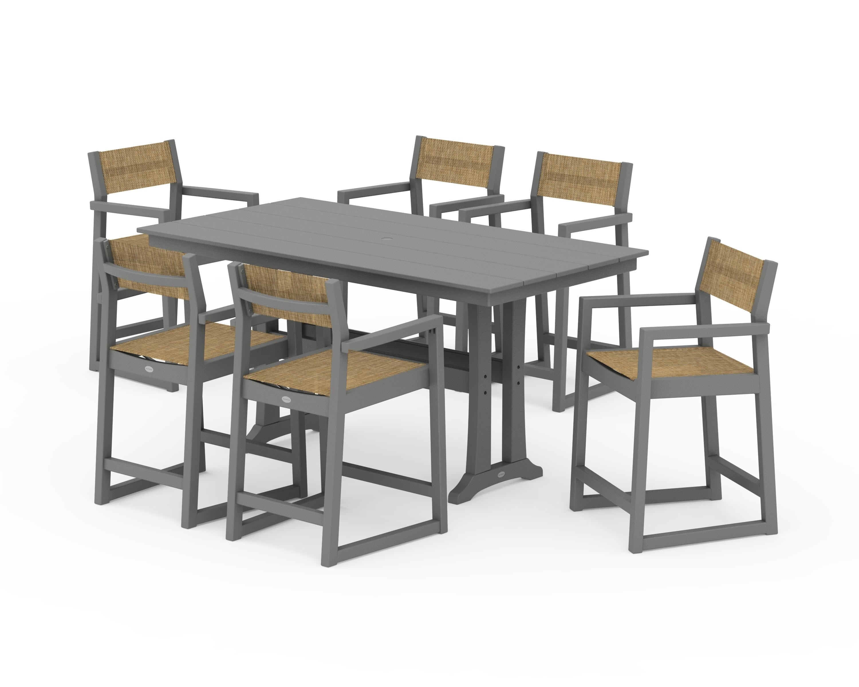 POLYWOOD® EDGE Sling Arm Chair 7-Piece Farmhouse Counter Set with Trestle Legs in Slate Grey / Burlap Sling