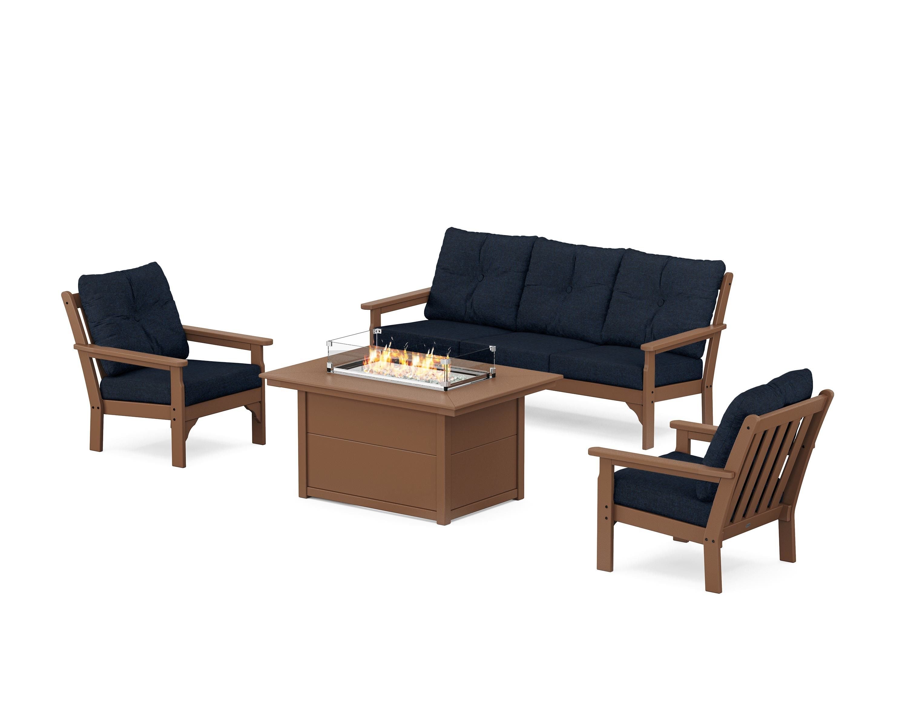 POLYWOOD® Vineyard Deep Seating Fire Pit Table Set in Teak / Marine Indigo