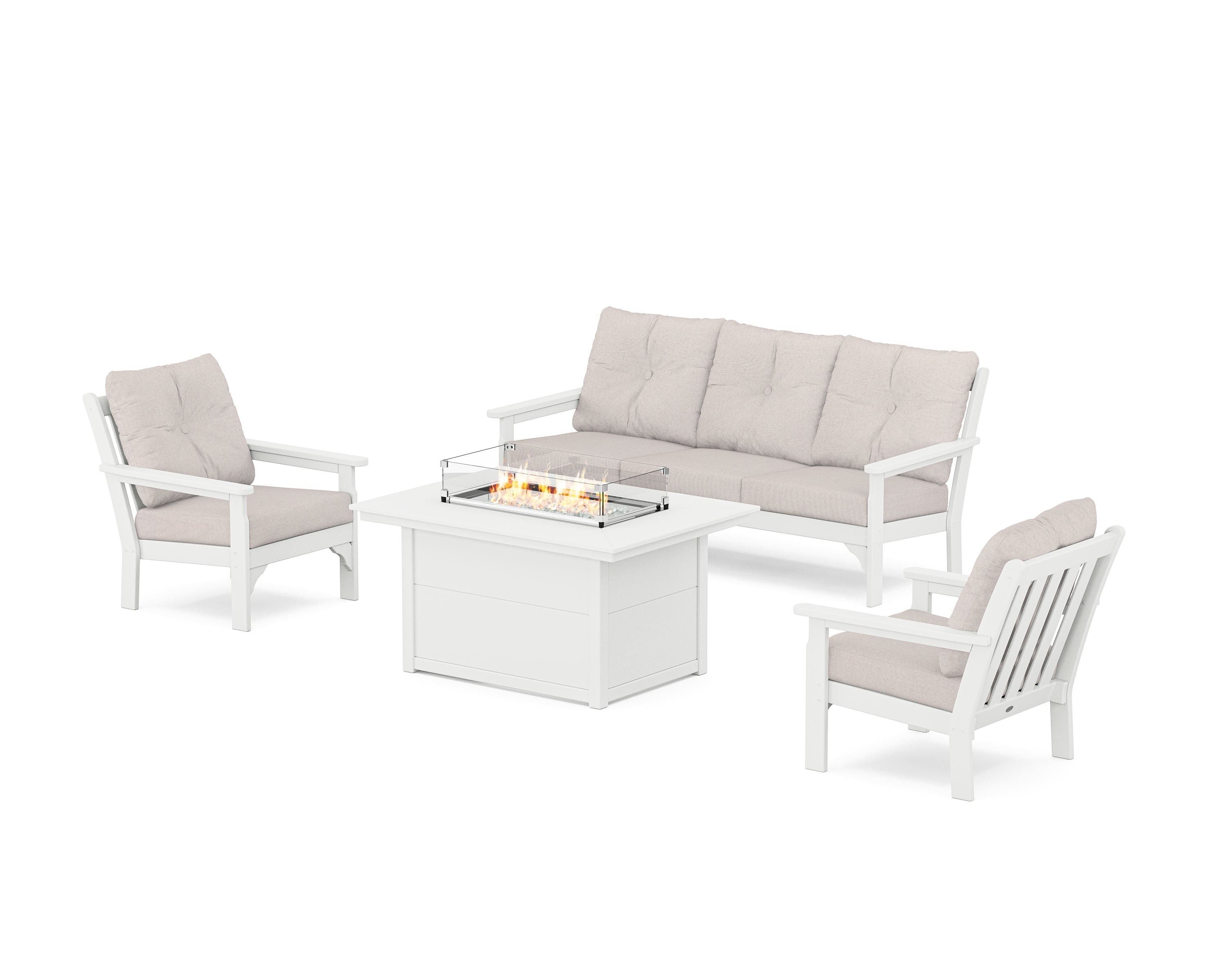 POLYWOOD® Vineyard Deep Seating Fire Pit Table Set in White / Dune Burlap