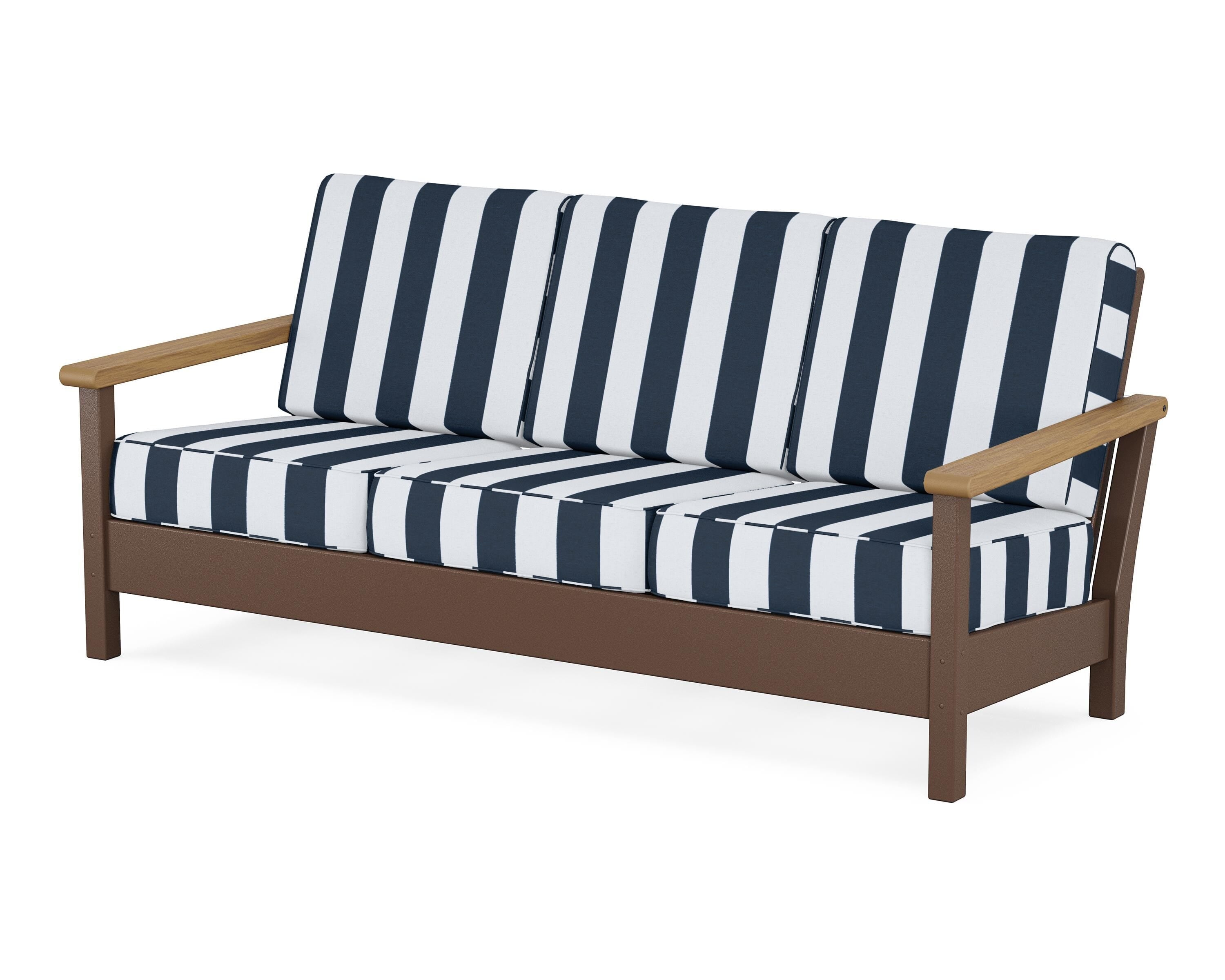 POLYWOOD® Harbour Deep Seating Sofa in Mahogany / Natural / Cabana Stripe Marine Indigo