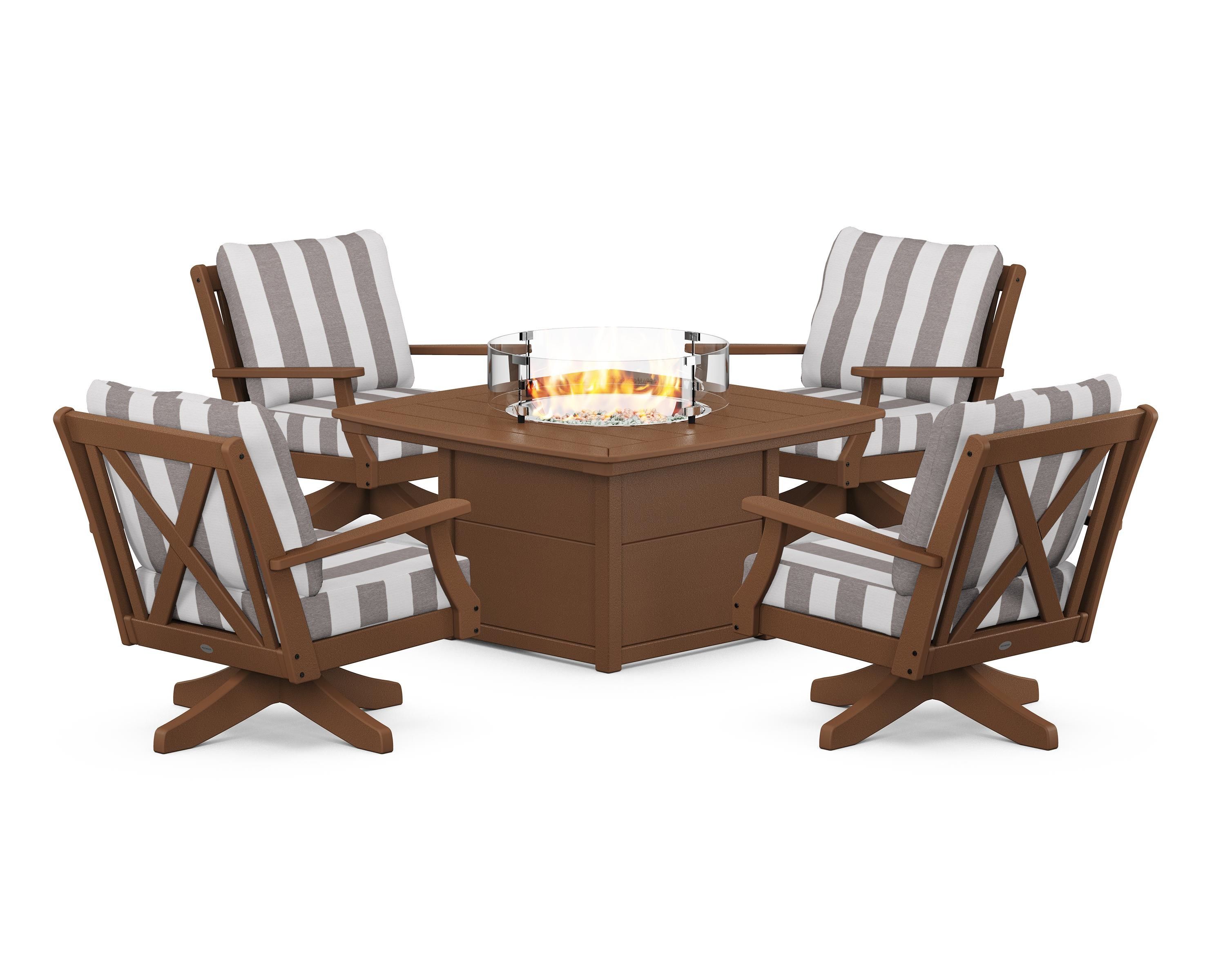 POLYWOOD® Braxton 5-Piece Deep Seating Swivel Conversation Set with Fire Pit Table in Teak / Cabana Stripe Grey Mist