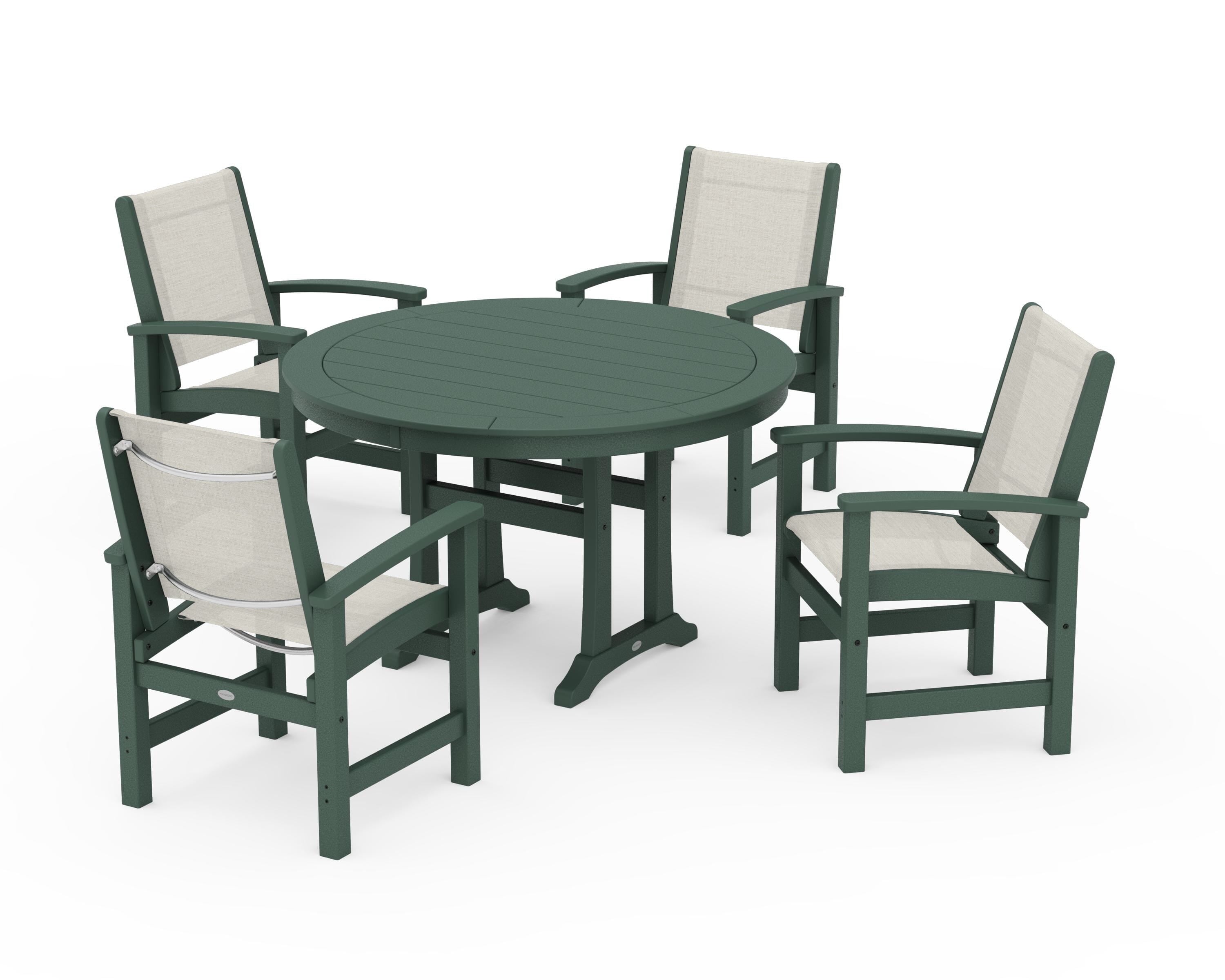 POLYWOOD® Coastal 5-Piece Round Dining Set with Trestle Legs in Green / Parchment Sling