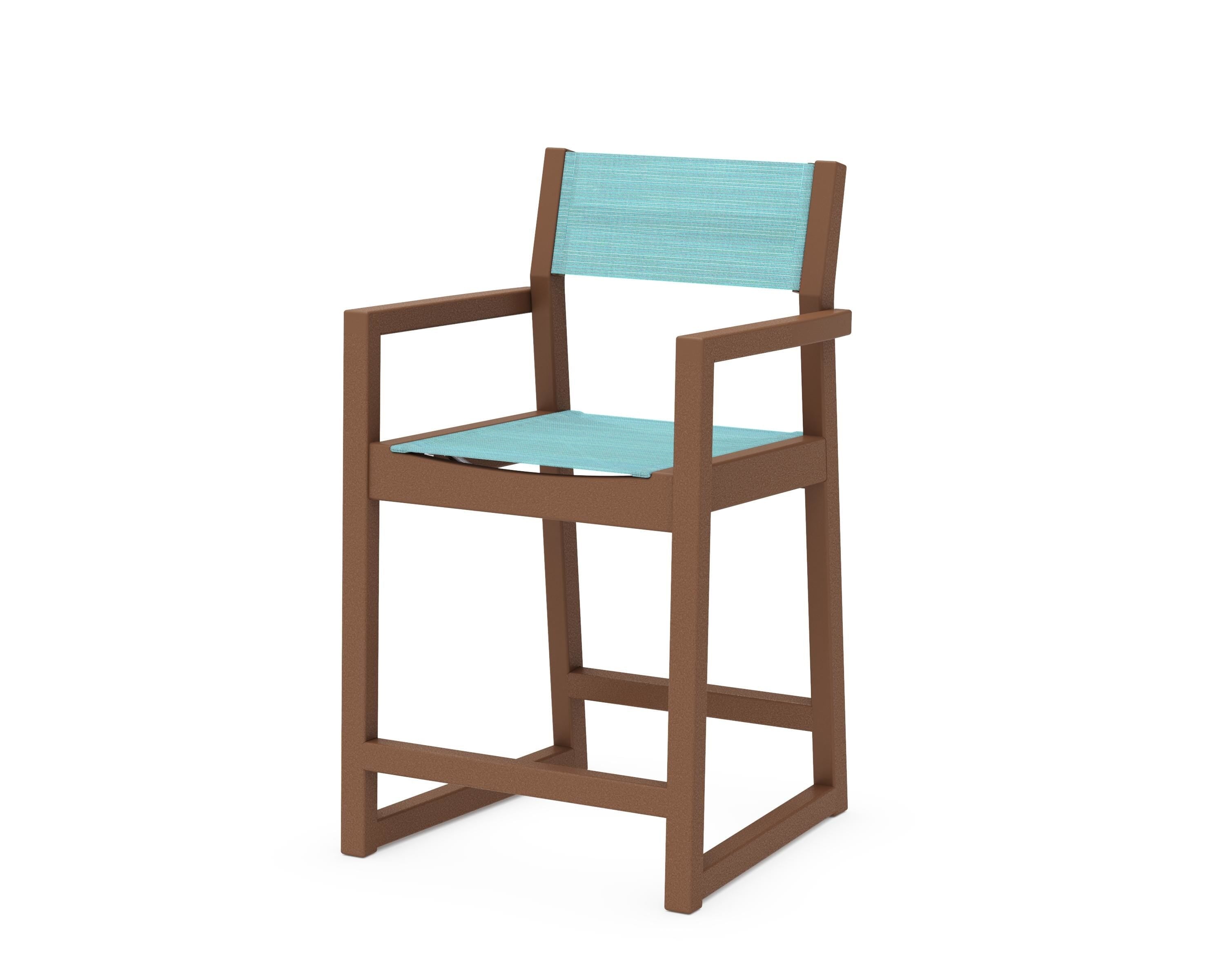 POLYWOOD® EDGE Sling Counter Arm Chair in Teak / Dupioni Aquamarine Sling
