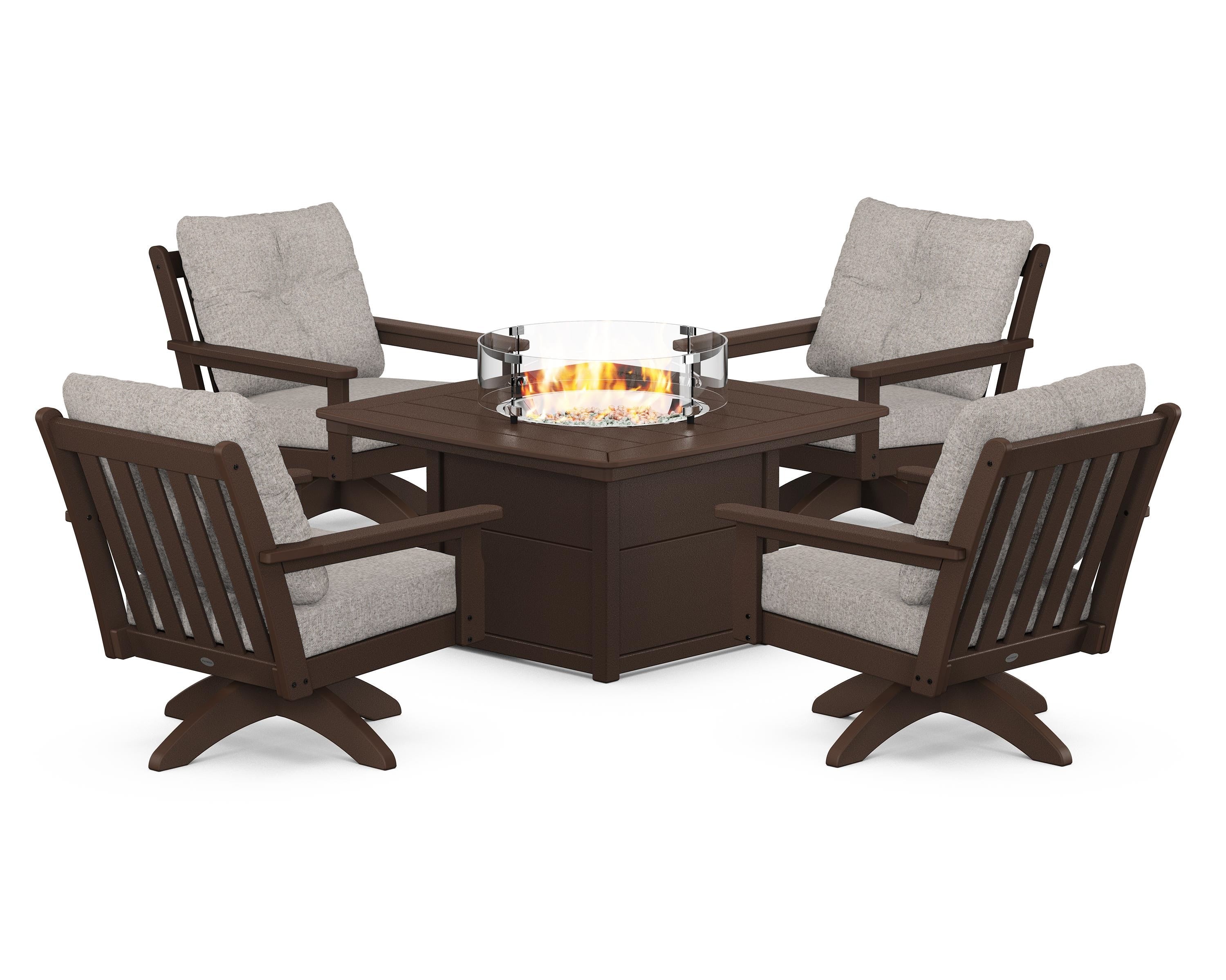 POLYWOOD® Vineyard 5-Piece Deep Seating Swivel Conversation Set with Fire Pit Table in Mahogany / Weathered Tweed