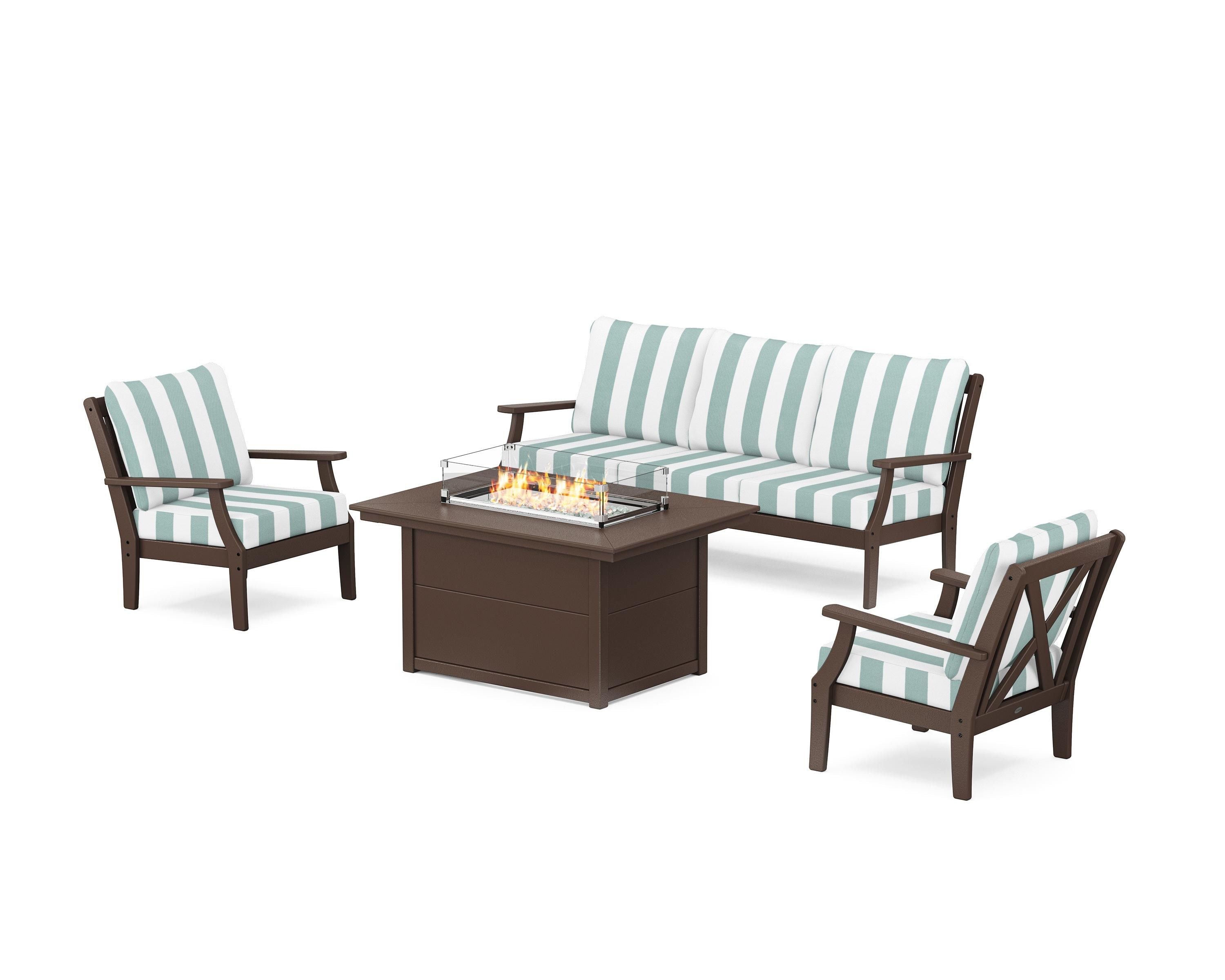 POLYWOOD® Braxton Deep Seating Fire Pit Table Set in Mahogany / Cabana Stripe Glacier Spa