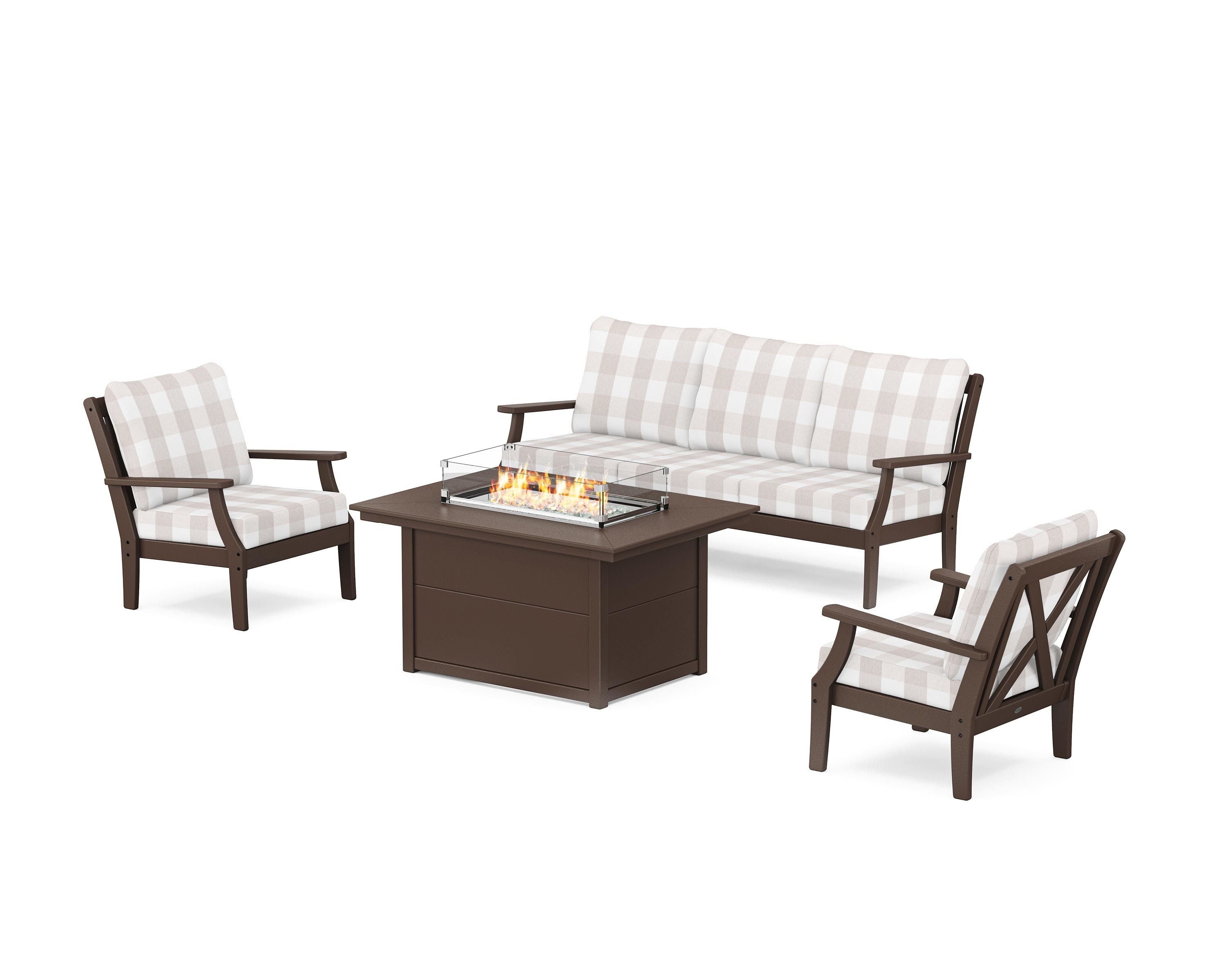 POLYWOOD® Braxton Deep Seating Fire Pit Table Set in Mahogany / Buffalo Plaid Dune Burlap