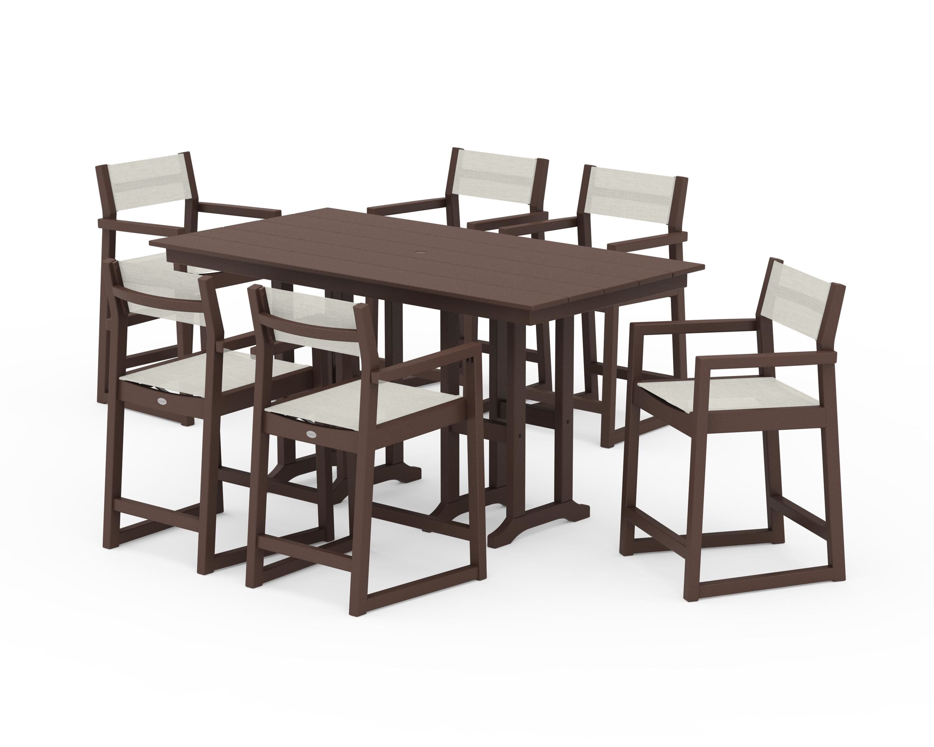 POLYWOOD® EDGE Sling Arm Chair 7-Piece Farmhouse Counter Set in Mahogany / Parchment Sling