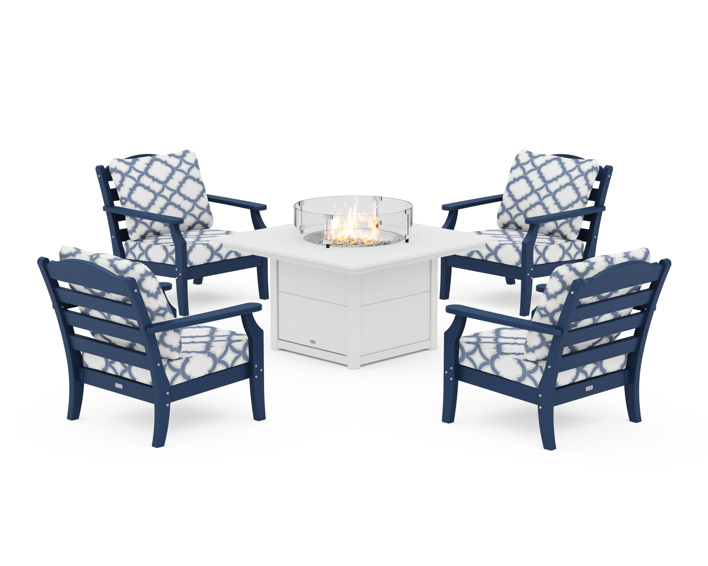 Draper James™ by POLYWOOD® Savannah 5-Piece Deep Seating Set with Fire Pit Table in Navy / Trellis Sky Blue
