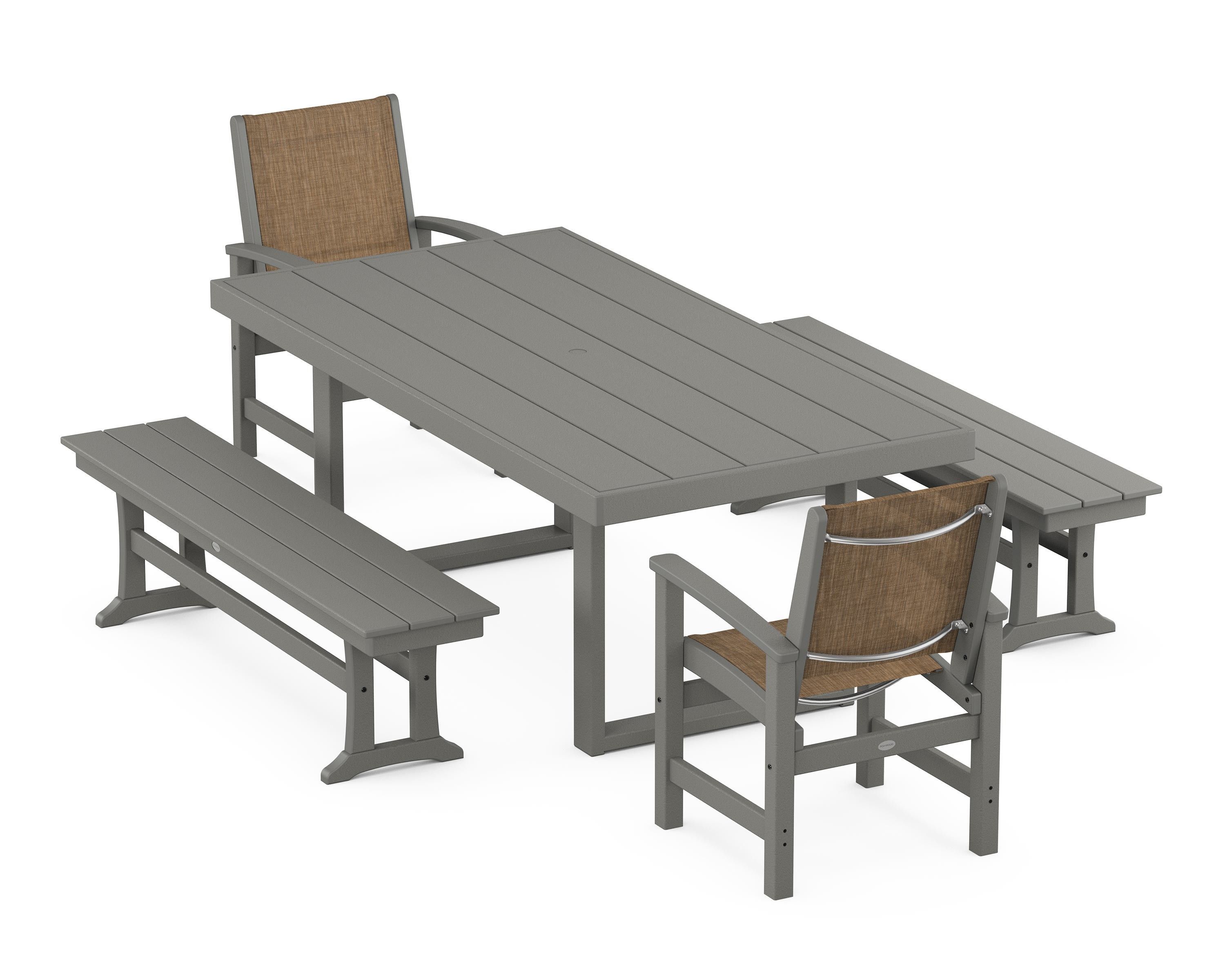 POLYWOOD® Coastal 5-Piece Dining Set with Trestle Legs in Slate Grey / Burlap Sling