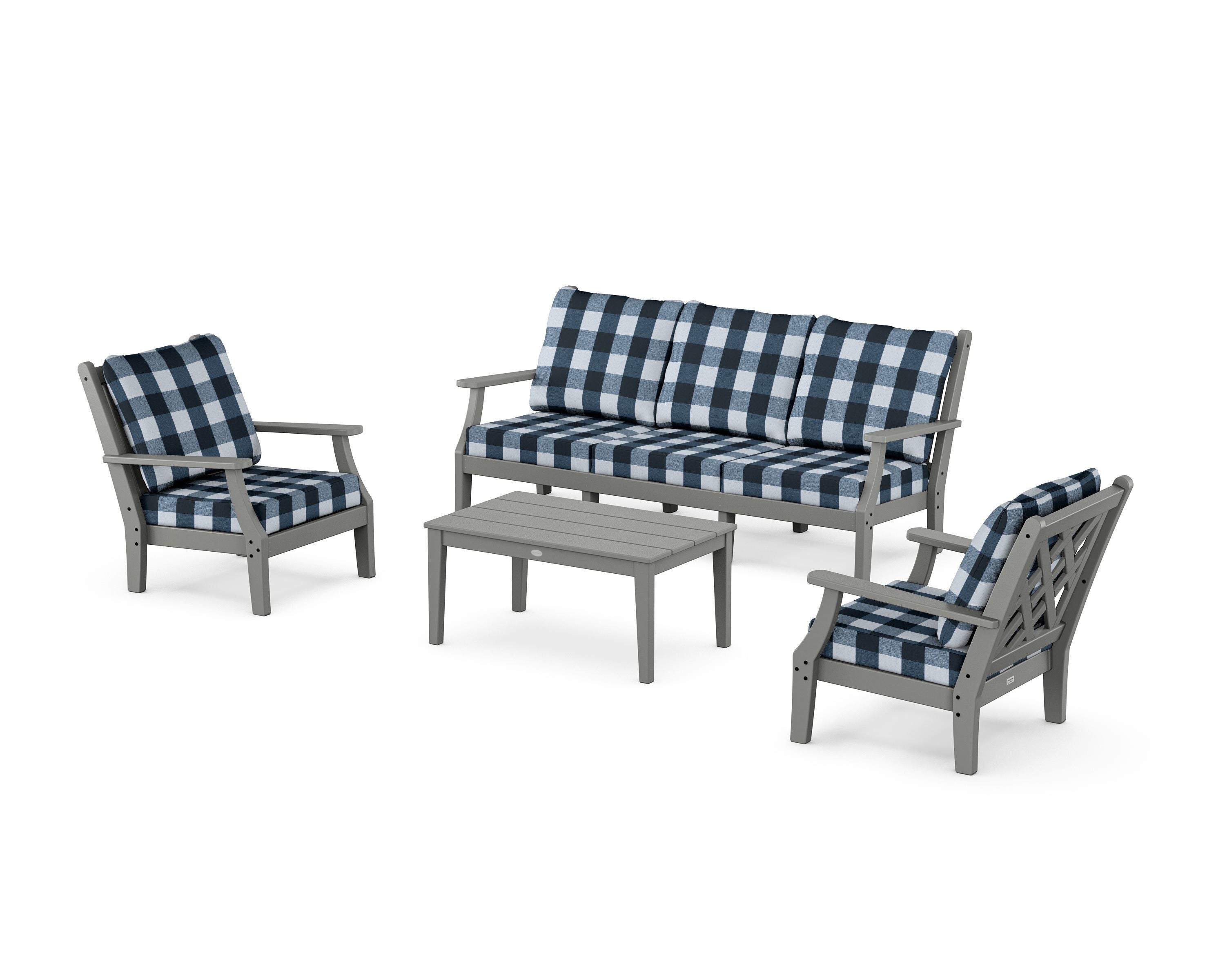 Country Living Wovendale 4-Piece Deep Seating Set with Sofa in Slate Grey / Buffalo Plaid Marine Indigo