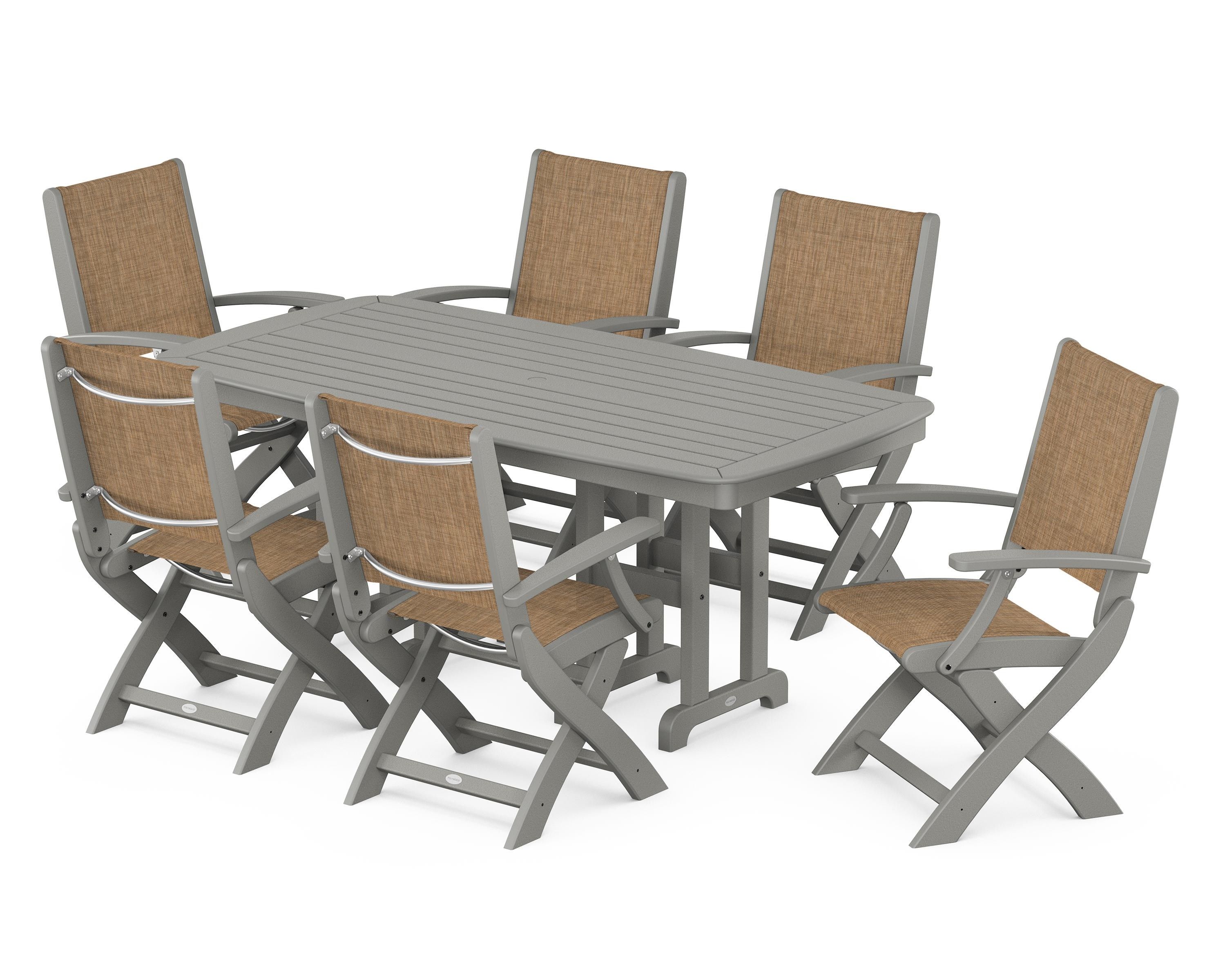 POLYWOOD® Coastal Folding Arm Chair 7-Piece Dining Set in Slate Grey / Burlap Sling