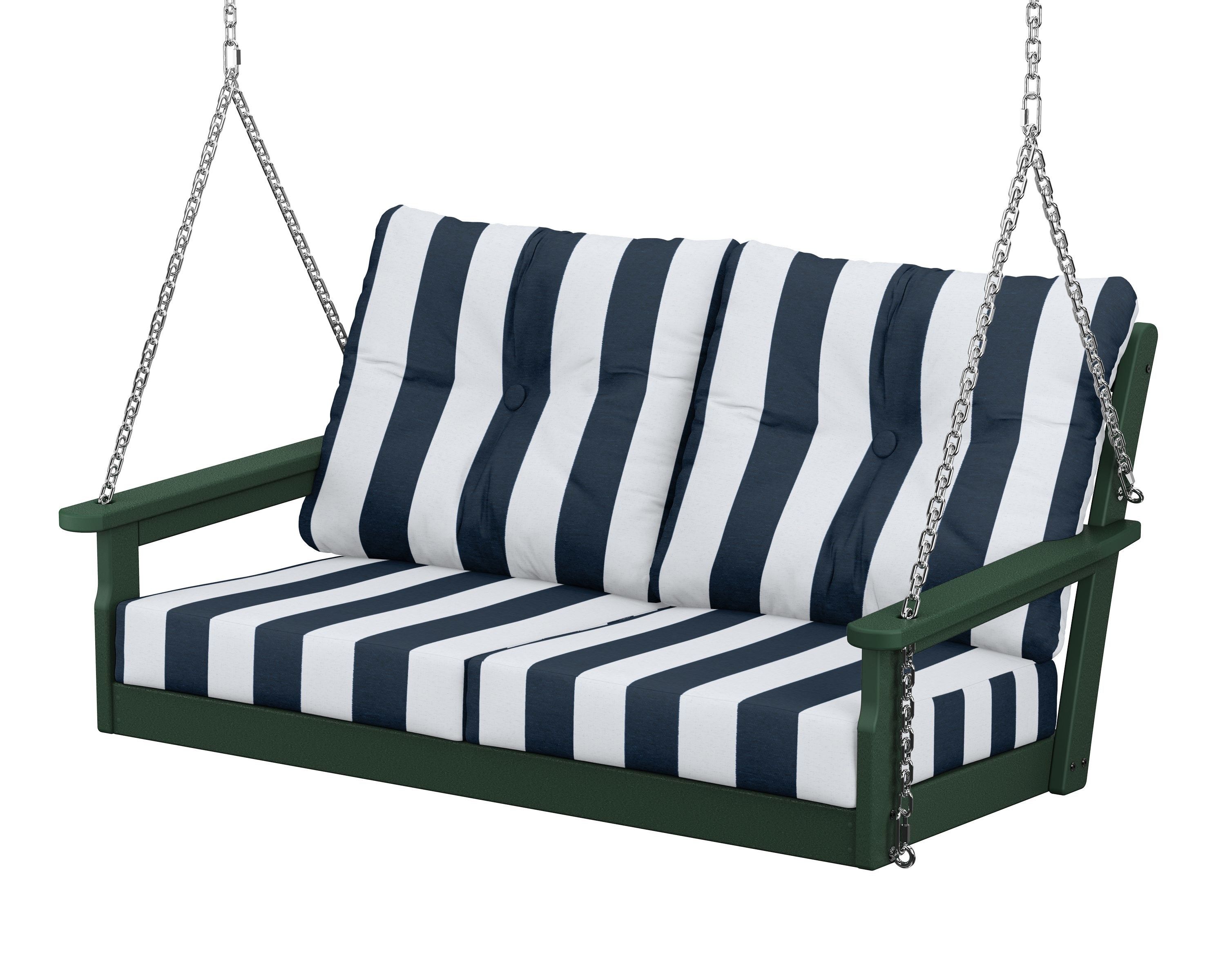 POLYWOOD® Vineyard Deep Seating Swing in Green / Cabana Stripe Marine Indigo